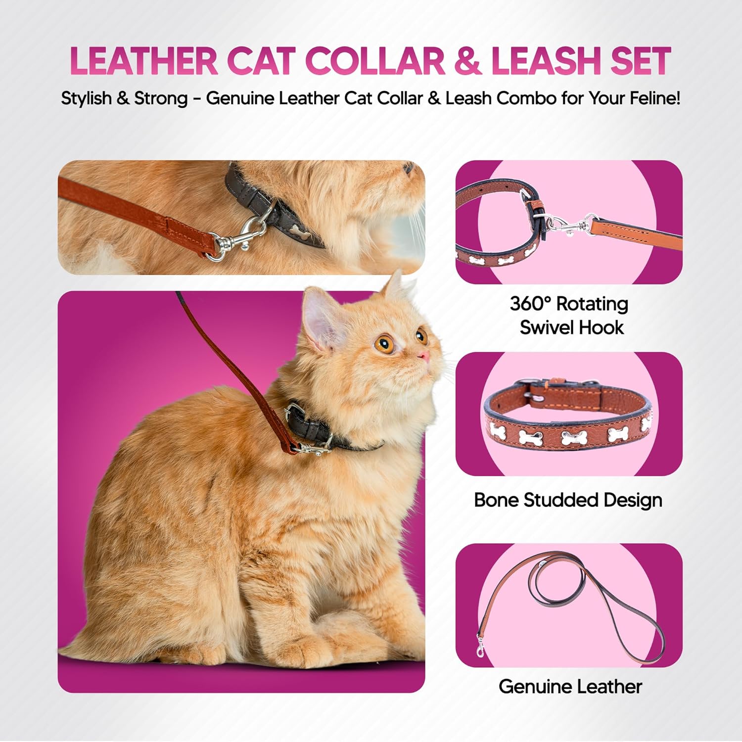 Adil’S Leather Cat Collar & Leash Set - Stylish Six Bone Studded Design Collar, Genuine Leather, Adjustable Buckle & Secure 5ft Leash for Safe and Comfortable Outdoor Activity (Brown)