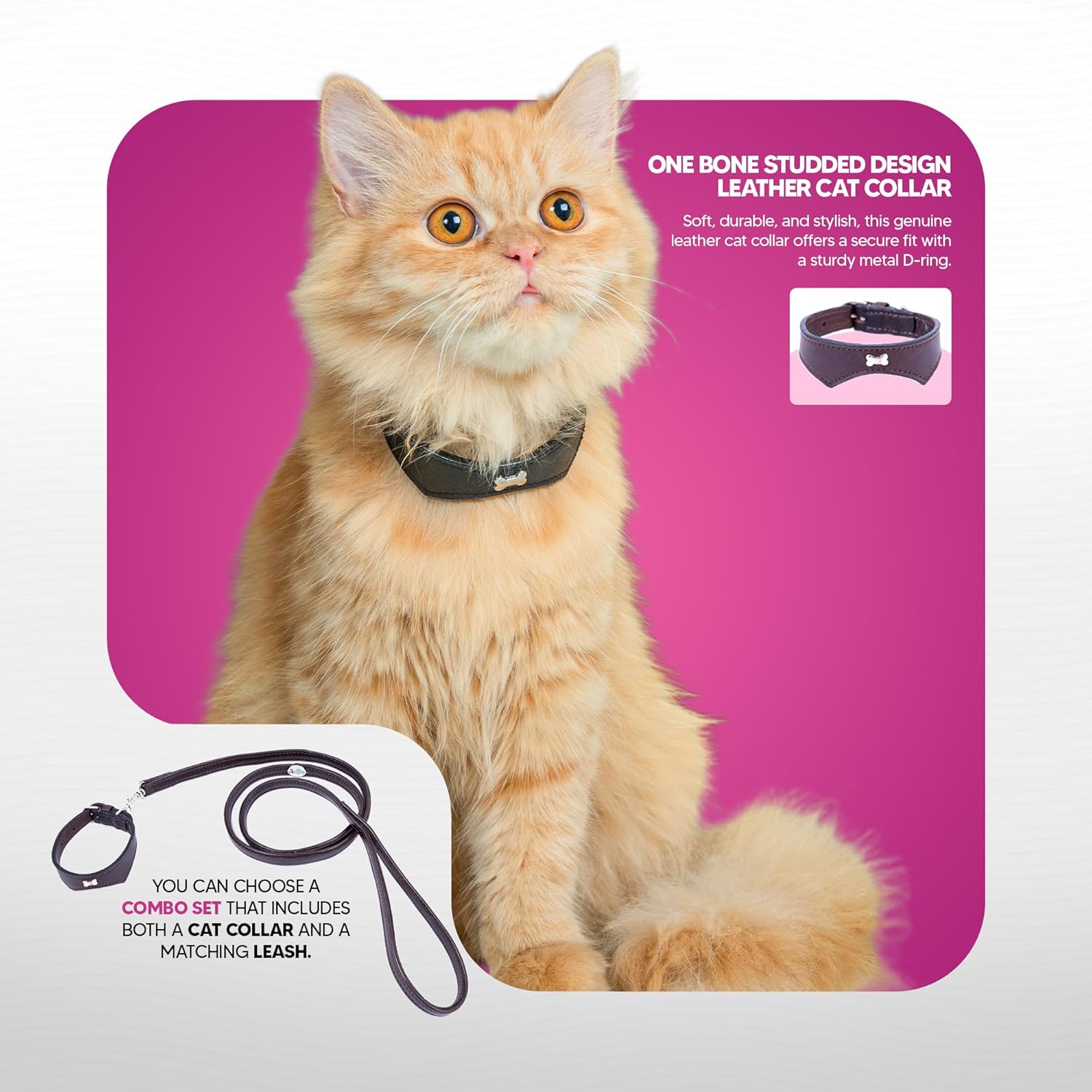 Adil’S Leather Cat Collar - Stylish Single Bone Studded Design, Breakaway Soft pet Collar, Adjustable Metal Buckle with Strong D-Ring for Leash attachments for Outdoor Adventures (Black)