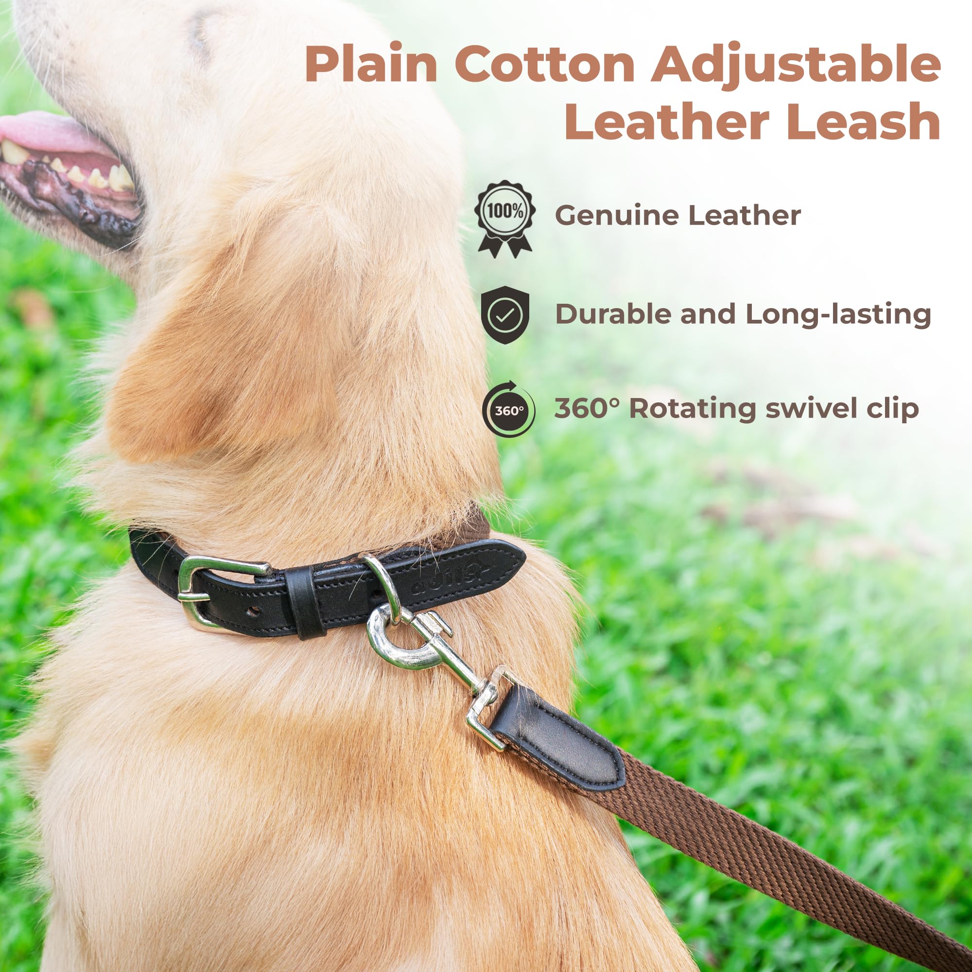 Adil’s 5FT Adjustable Cotton Dog Leash with Soft Leather Handle – Durable Long Lead with 360° Swivel Hook – Strong, Tangle-Free Leash for Walking & Training Small, Medium & Large Dogs