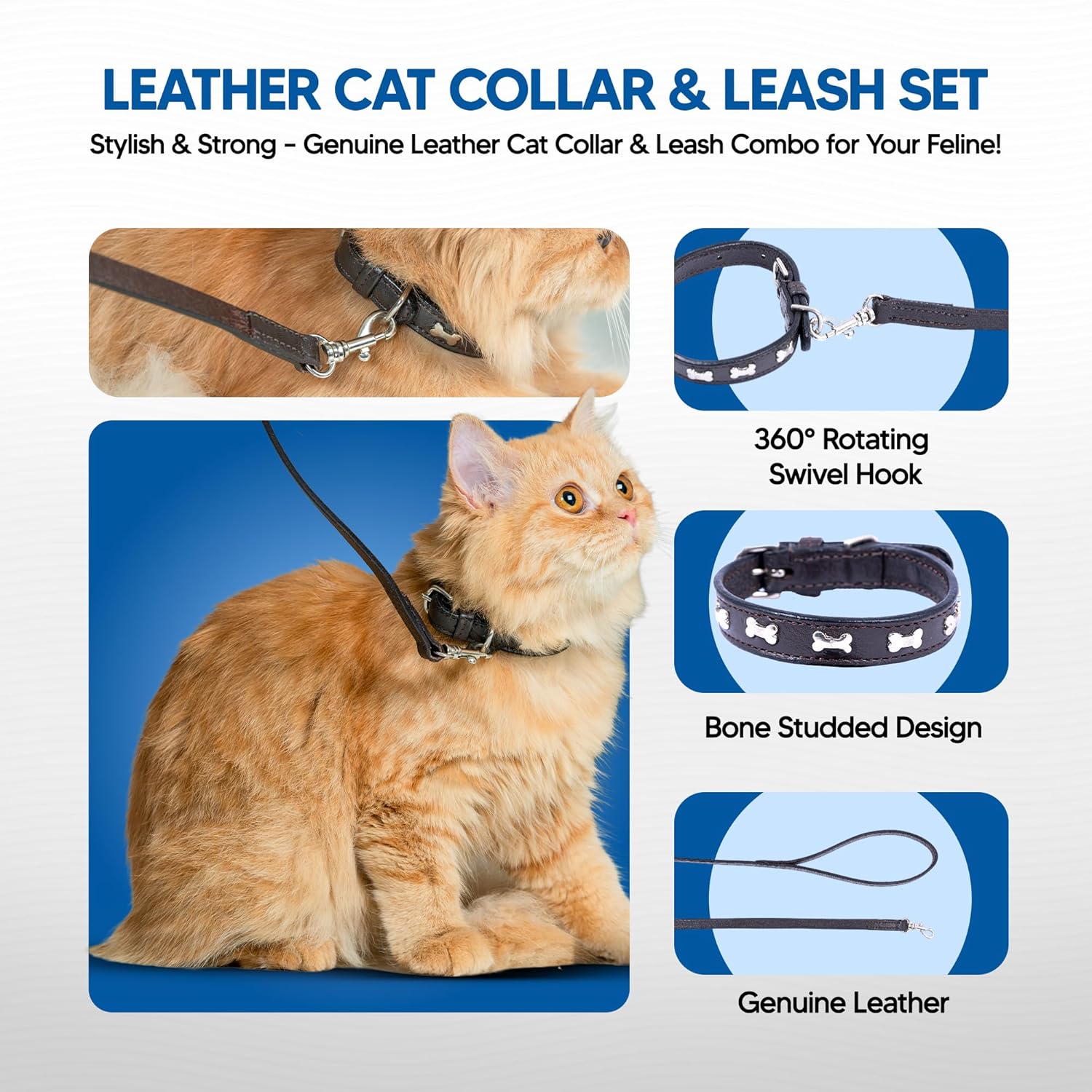 Adil’S Leather Cat Collar & Leash Set - Stylish Six Bone Studded Design Collar, Genuine Leather, Adjustable Buckle & Secure 5ft Leash for Safe and Comfortable Outdoor Activity (Brown)