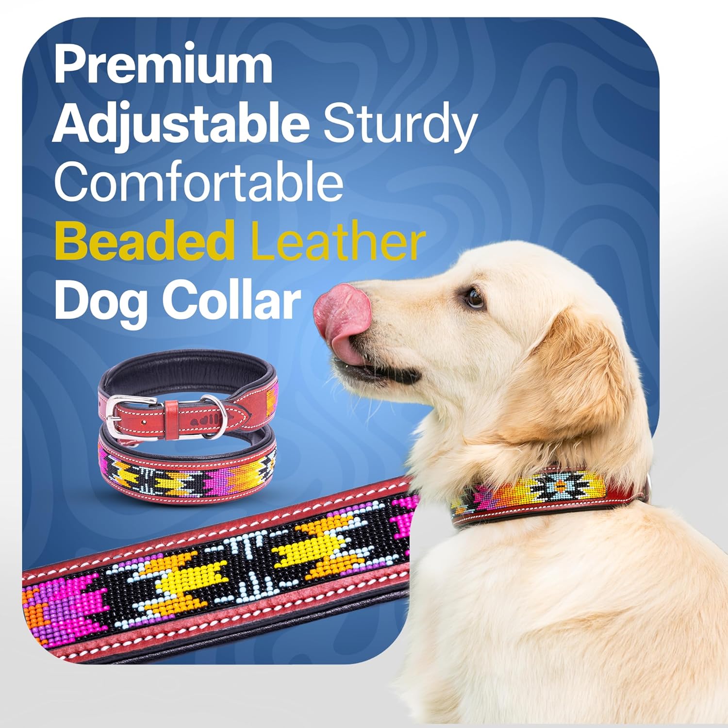 Adil’S Beaded Leather Dog Collar 1.5 Inch Width, Hand Tooled Adjustable Beaded Dog Collars with Strong Metal Buckle & D-Ring Suitable Dogs