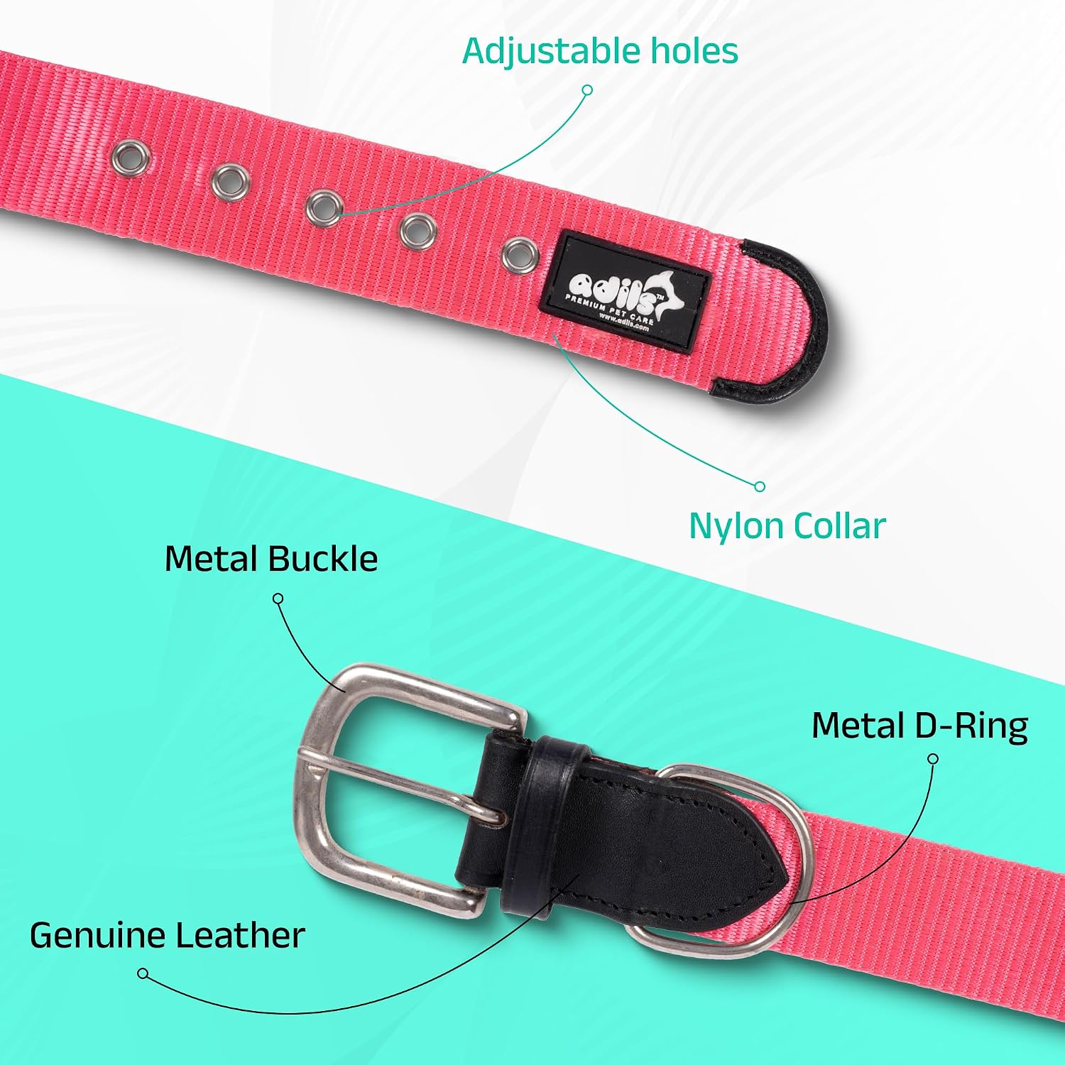 ADIL's Nylon Dog Collar – 1.5 Inch Wide Heavy-Duty Neckbelt with Metal Buckle D-Ring, Adjustable Safety Strap Small Medium Large Pets for Outdoor Walking Training