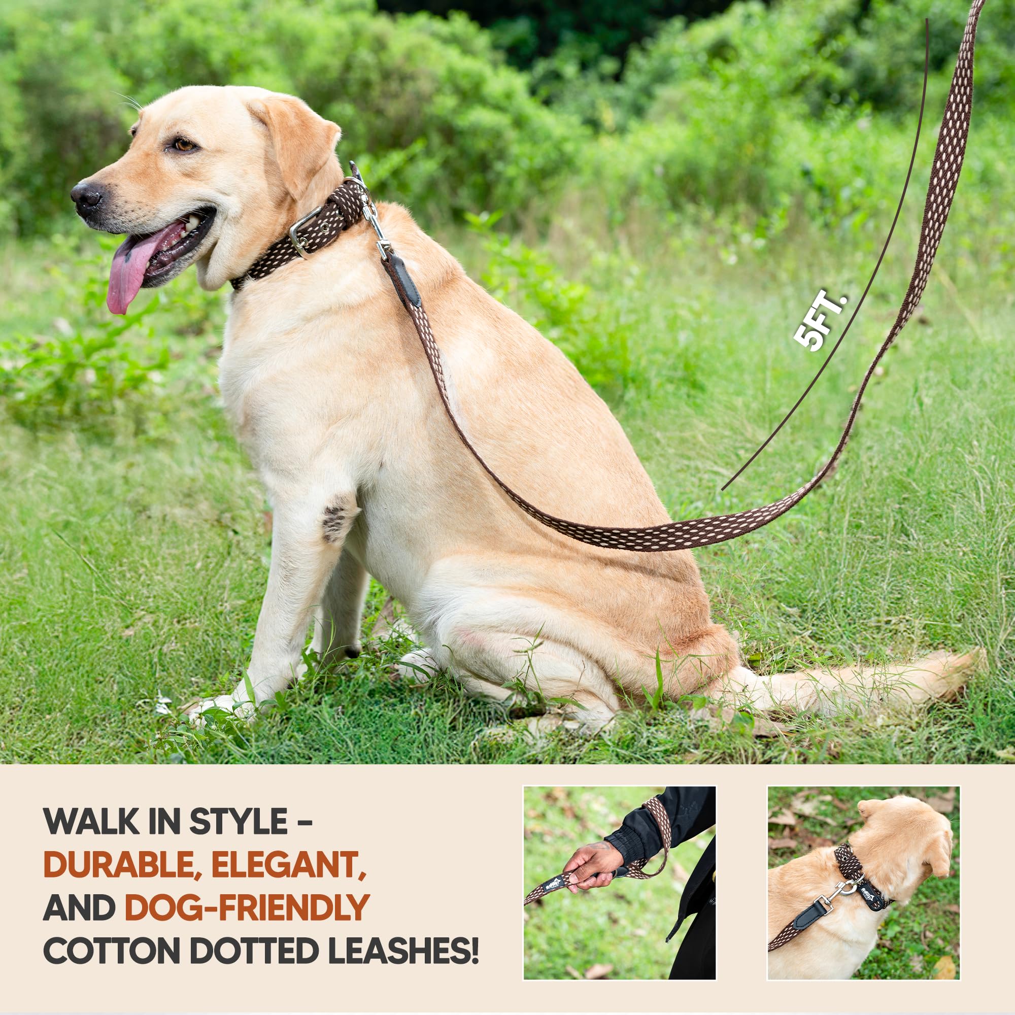 Adil’s 5ft Cotton Dotted Dog Leash with Leather Grip & 360° Swivel Hook – Durable, Comfy & Tangle-Free for All Dog Sizes