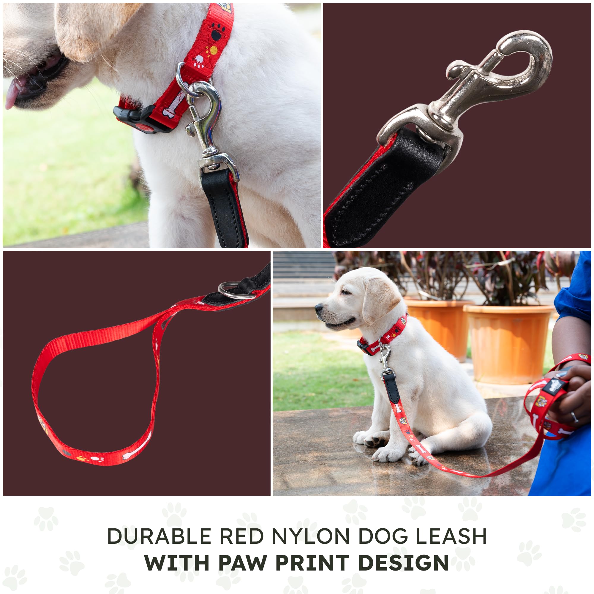 Adil’s Nylon Paw Print Dog Leash – 19mm Wide 5ft Long Durable Lead with 360° Swivel Hook Loop Handle Metal D-Ring Walking Training for Small Medium Pets