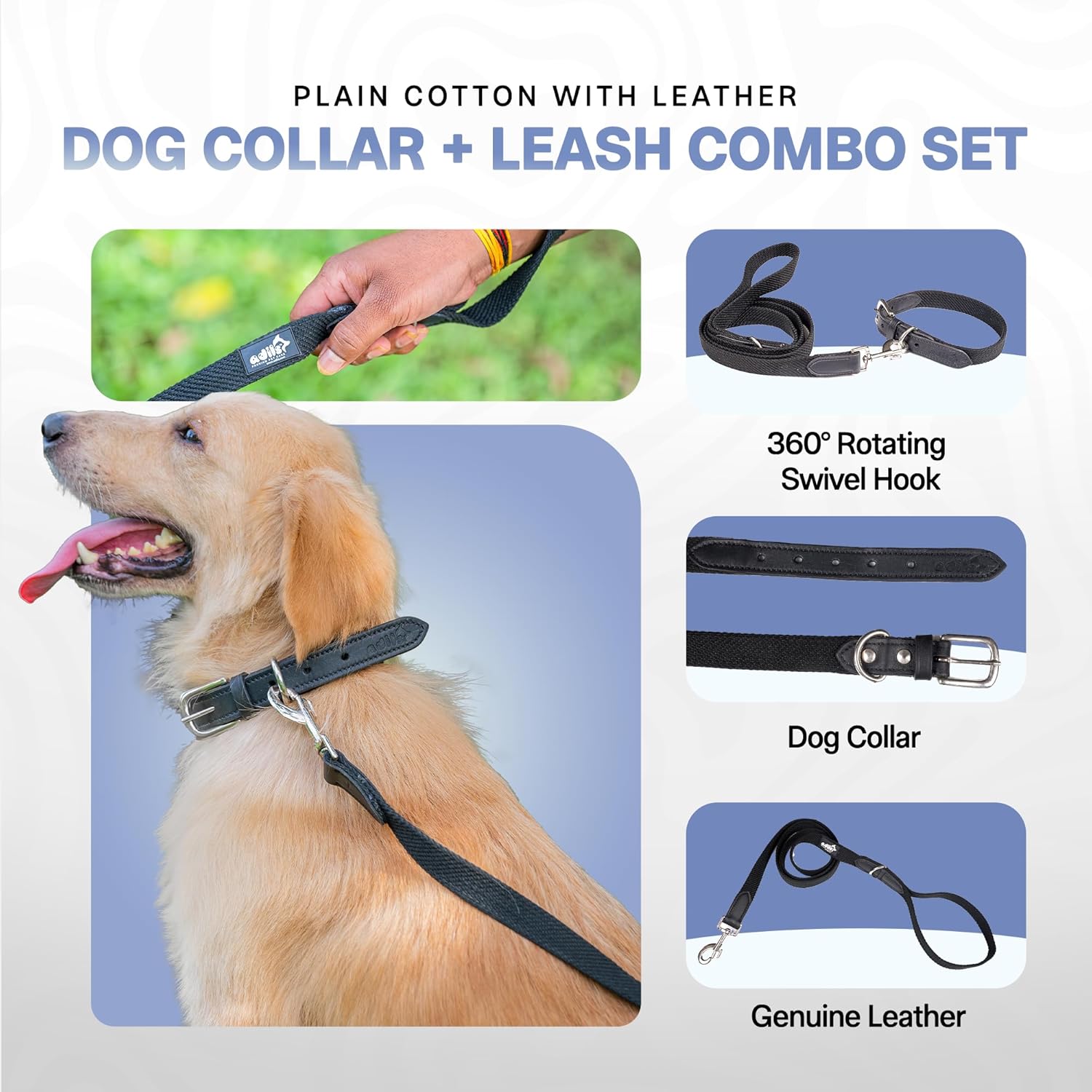 Adil’s Plain Cotton Adjustable Leather Neck Belt Dog Collar & 5FT Leash Combo Set | Durable Cotton-Leather with Metal Buckle for Small, Medium & Large Dogs (Black, M(16''-20''))