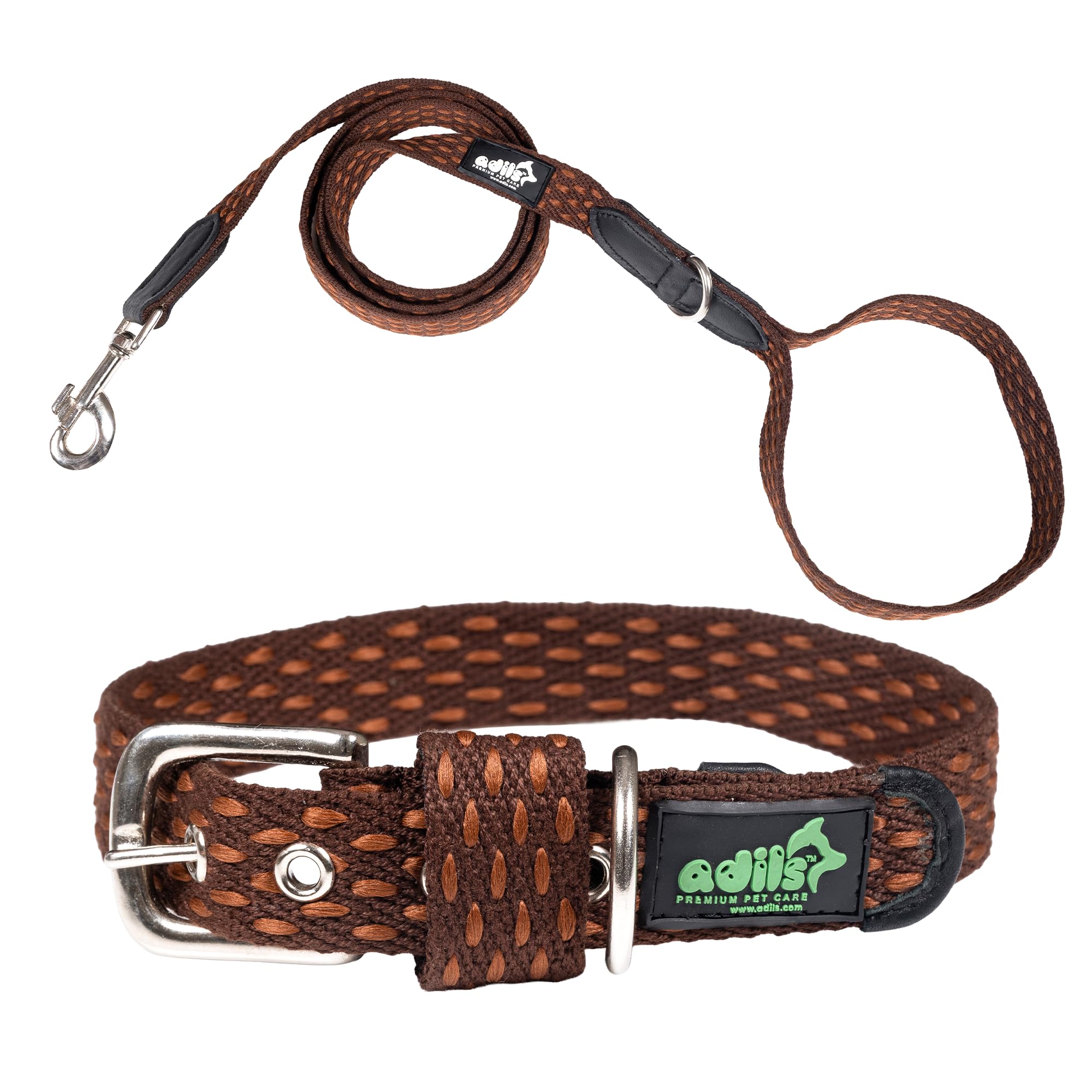 Adil’s Cotton Dotted Dog Collar & Leash Combo – Adjustable with Leather, 360° Swivel Hook, D-Ring, 5ft Leash for All Dogs (Navy Blue with White Dot, S(12''-16''))