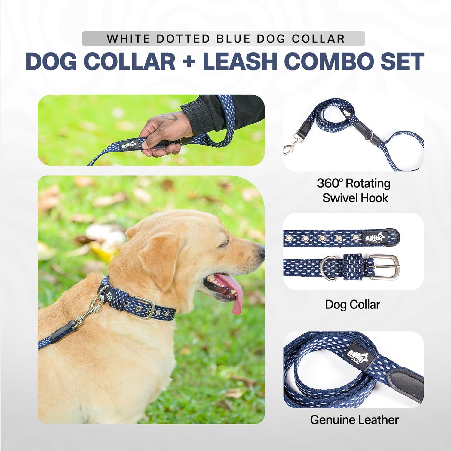 Adil’s Cotton Dotted Dog Collar & Leash Combo – Adjustable with Leather, 360° Swivel Hook, D-Ring, 5ft Leash for All Dogs (Navy Blue with White Dot, S(12''-16''))
