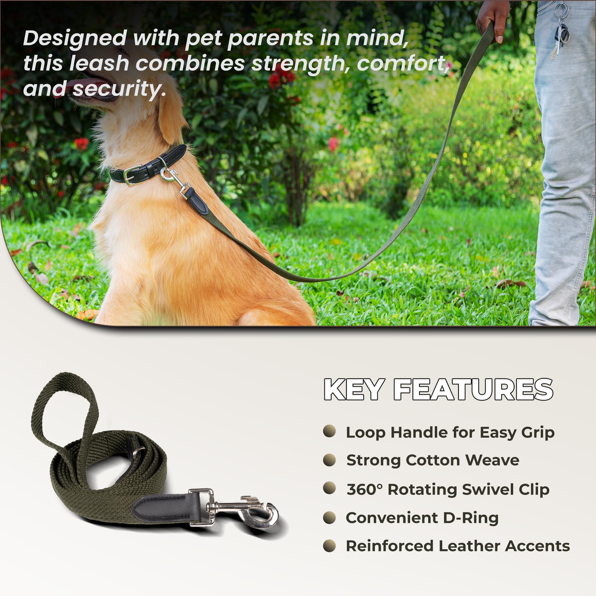 Adil’s 5FT Adjustable Cotton Dog Leash with Soft Leather Handle – Durable Long Lead with 360° Swivel Hook – Strong, Tangle-Free Leash for Walking & Training Small, Medium & Large Dogs
