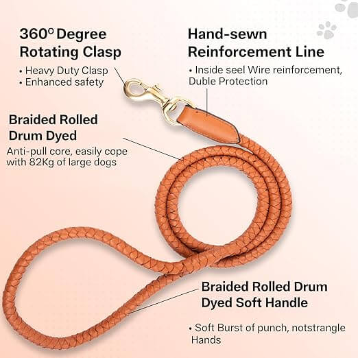 Adil’S Braided Rolled Drum Dyed Leather Dog Leash with 360 Degree Rotating Clasp 5 FT Long, Non-Slip Grip Handle, Suitable for Large & Medium Dogs