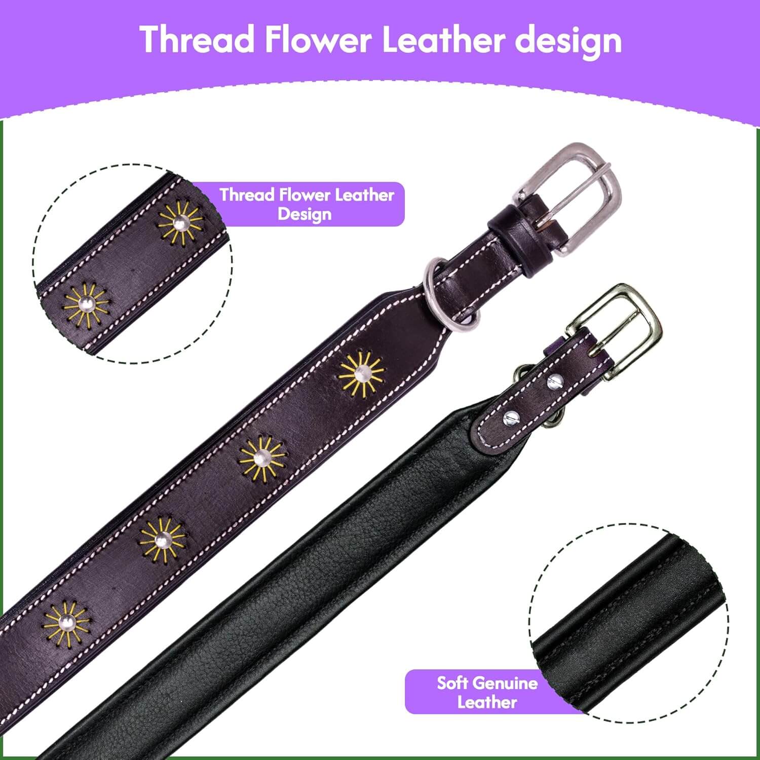 Adil’S Leather Dog Collar Thread Flower Design 1.5 width Adjustable Collars for Small Medium & Large Dogs, Made up Genuine Leather with Strong Metal Buckle