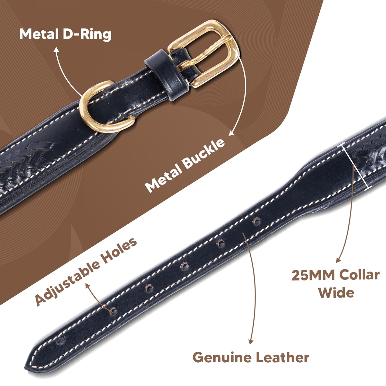ADIL'S Handcrafted Leather Dog Collar – Basket Weave Braided Design Neckbelt with Brass Buckle & D-Ring for Small Medium Large Dogs, Black 1 Inch