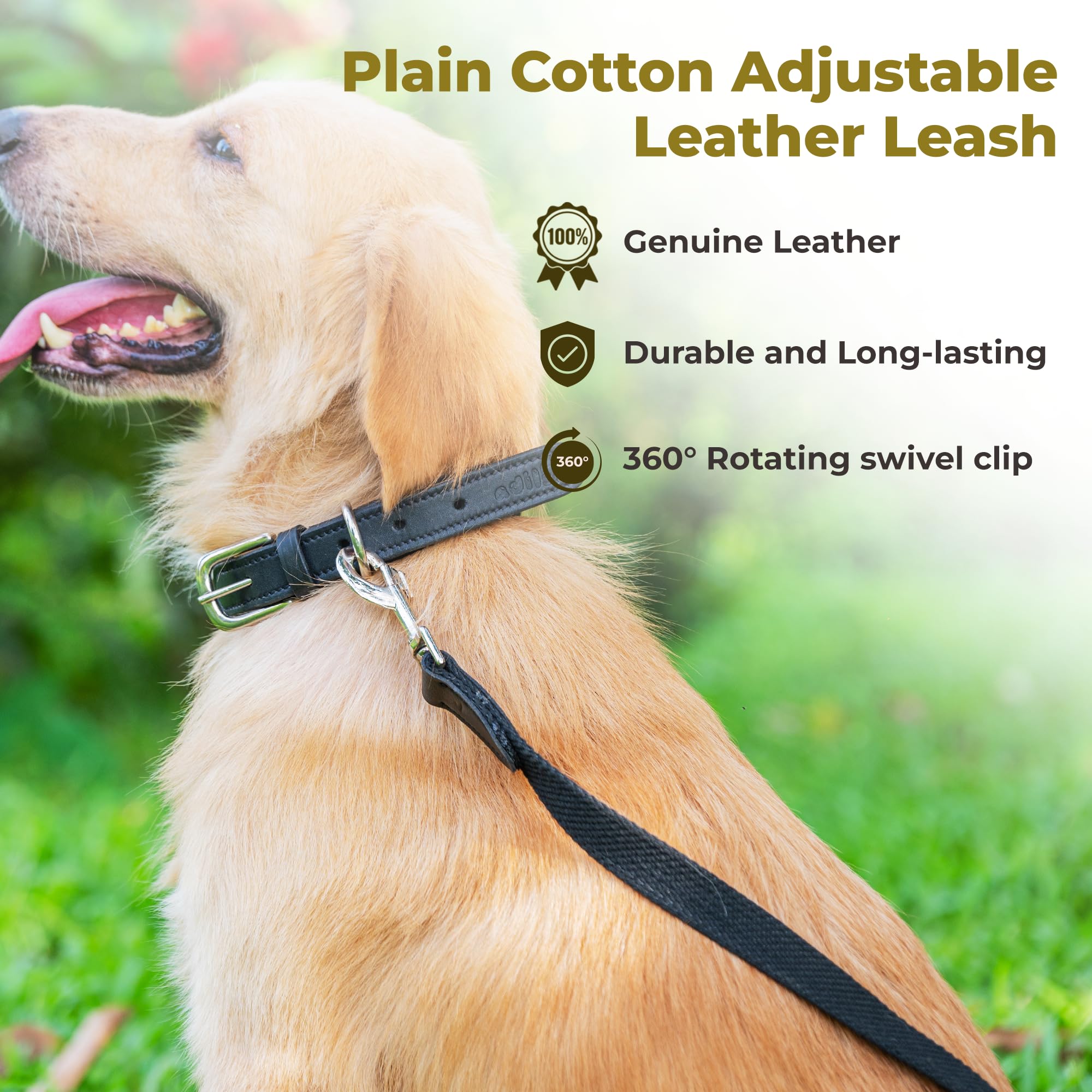 Adil’s 5FT Adjustable Cotton Dog Leash with Soft Leather Handle – Durable Long Lead with 360° Swivel Hook – Strong, Tangle-Free Leash for Walking & Training Small, Medium & Large Dogs