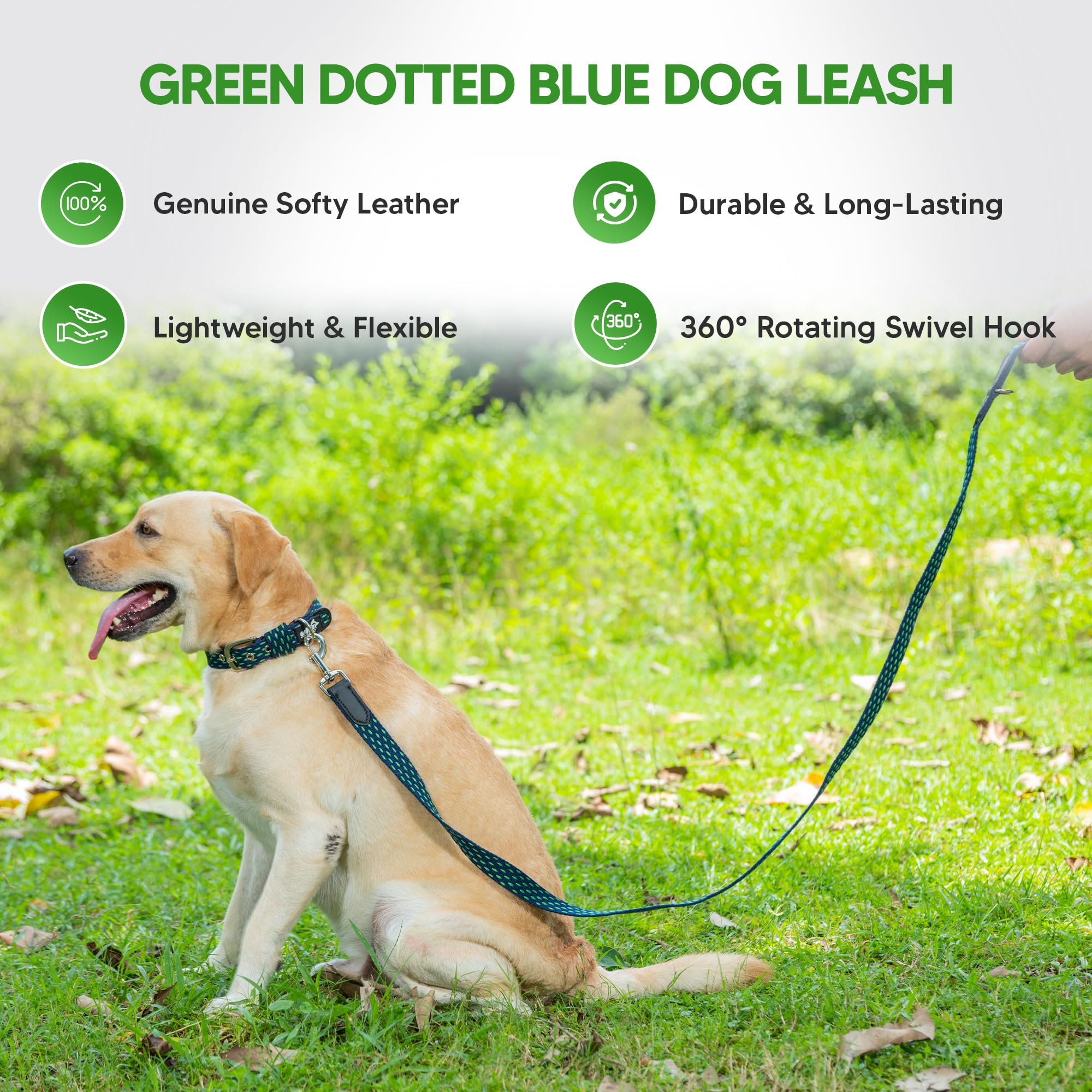 Adil’s 5ft Cotton Dotted Dog Leash with Leather Grip & 360° Swivel Hook – Durable, Comfy & Tangle-Free for All Dog Sizes