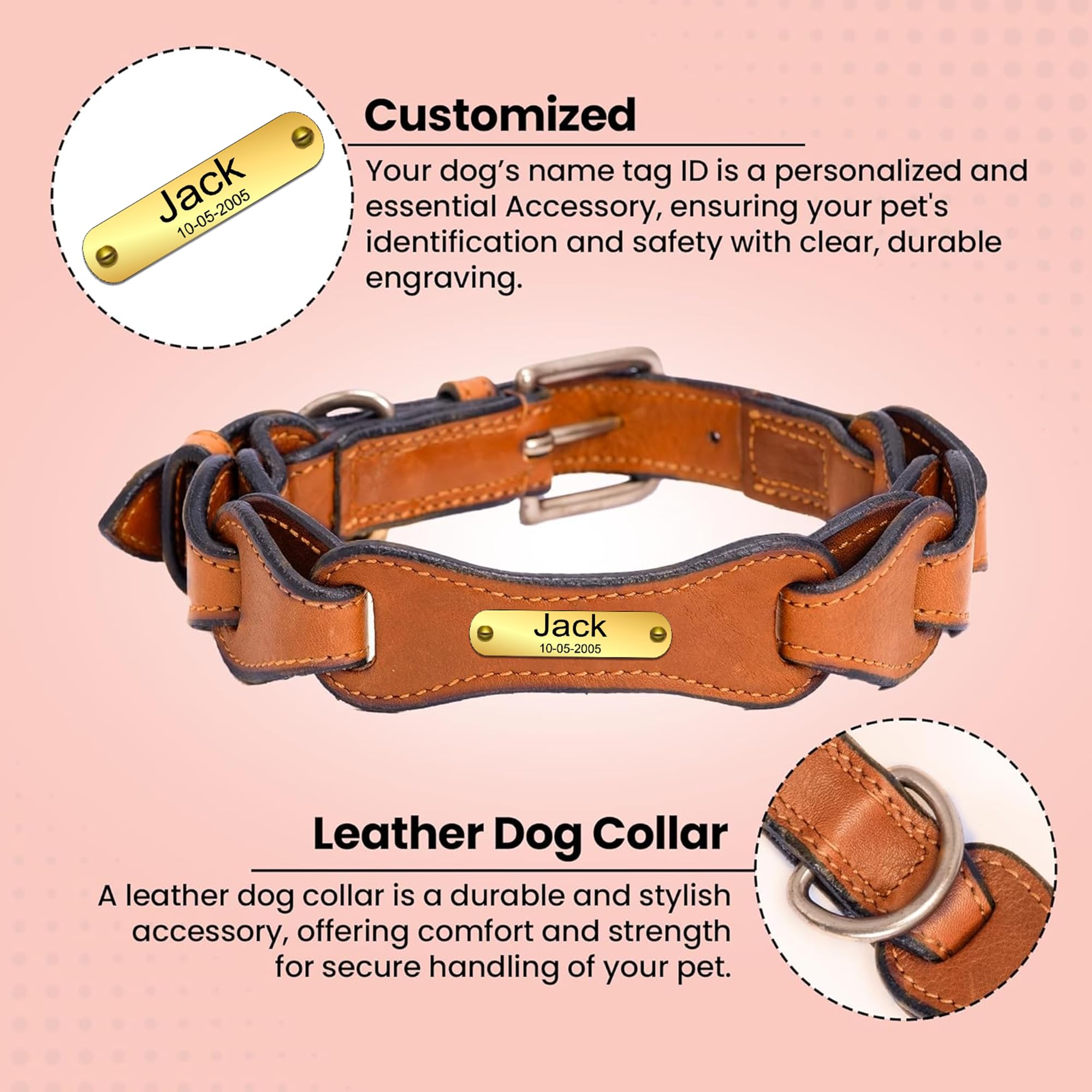 Adil’S Soft Leather Personalized Dog Collar for Large Medium Small Dogs Neck Collar with Personalized Dog Name in Neck Size 12 Inch to 26 Inch