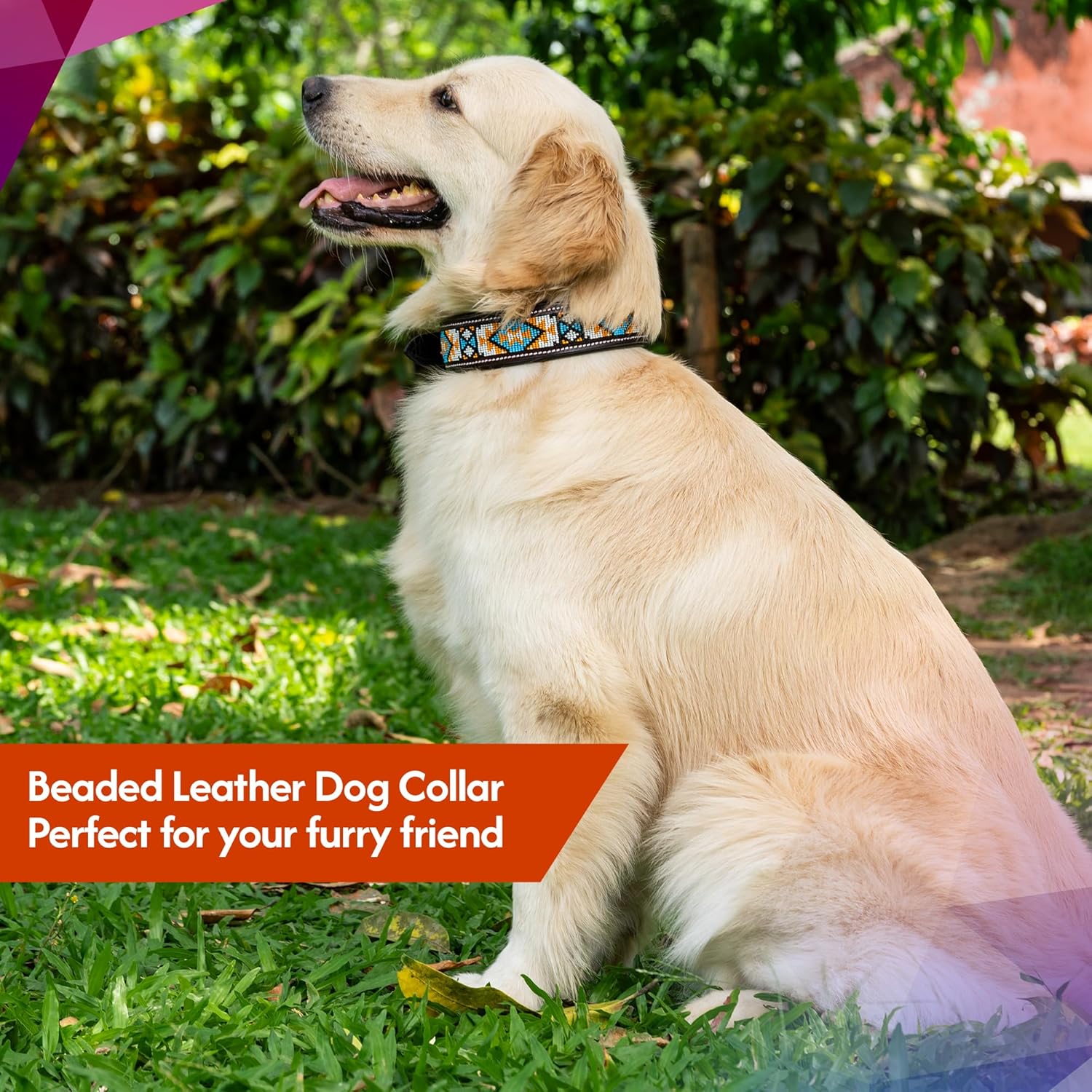 Adil’S Beaded Leather Dog Collar 1.5 Inch Width, for Small, Medium & Large Dogs, Hand Tooled Adjustable Beaded Dog Collars with Strong Metal Buckle & D-Ring