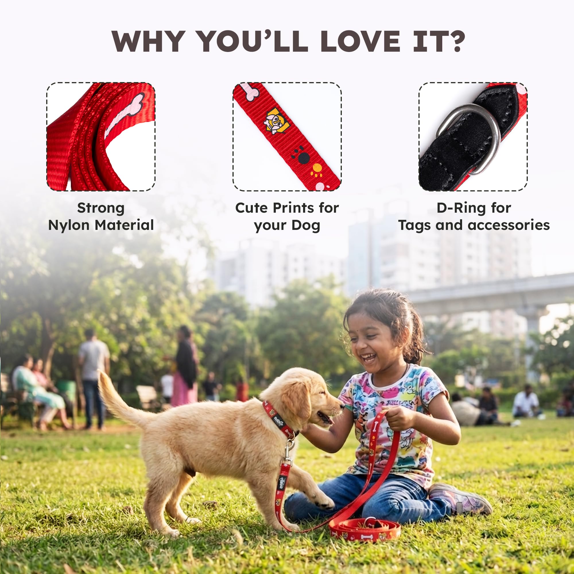 Adil’s Nylon Paw Print Dog Leash – 19mm Wide 5ft Long Durable Lead with 360° Swivel Hook Loop Handle Metal D-Ring Walking Training for Small Medium Pets