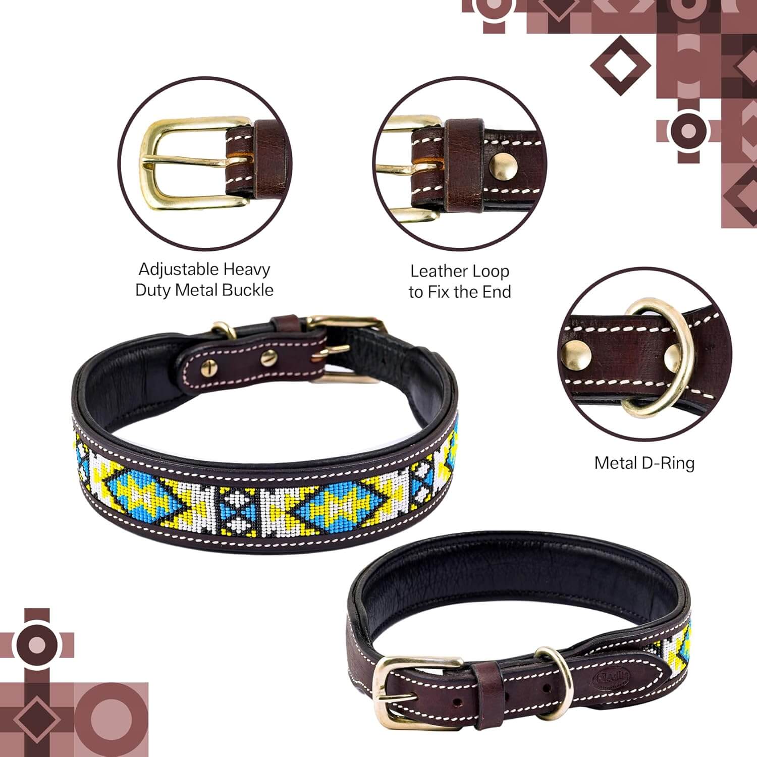 Adil’s Beaded Leather Dog Collar, Hand Tooled Adjustable with Strong Metal Buckle