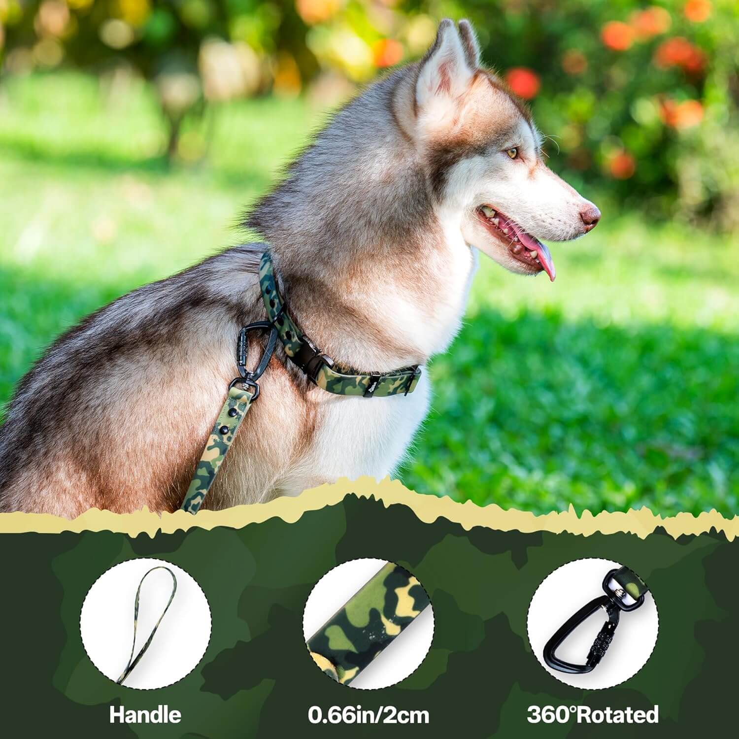 Army Print Biothane Leash - Waterproof Leashes for Dogs, Metal Hook, Adjustable 5ft Length Suitable for Dogs & Puppies, Ideal for Walking, Running & Training (Green)