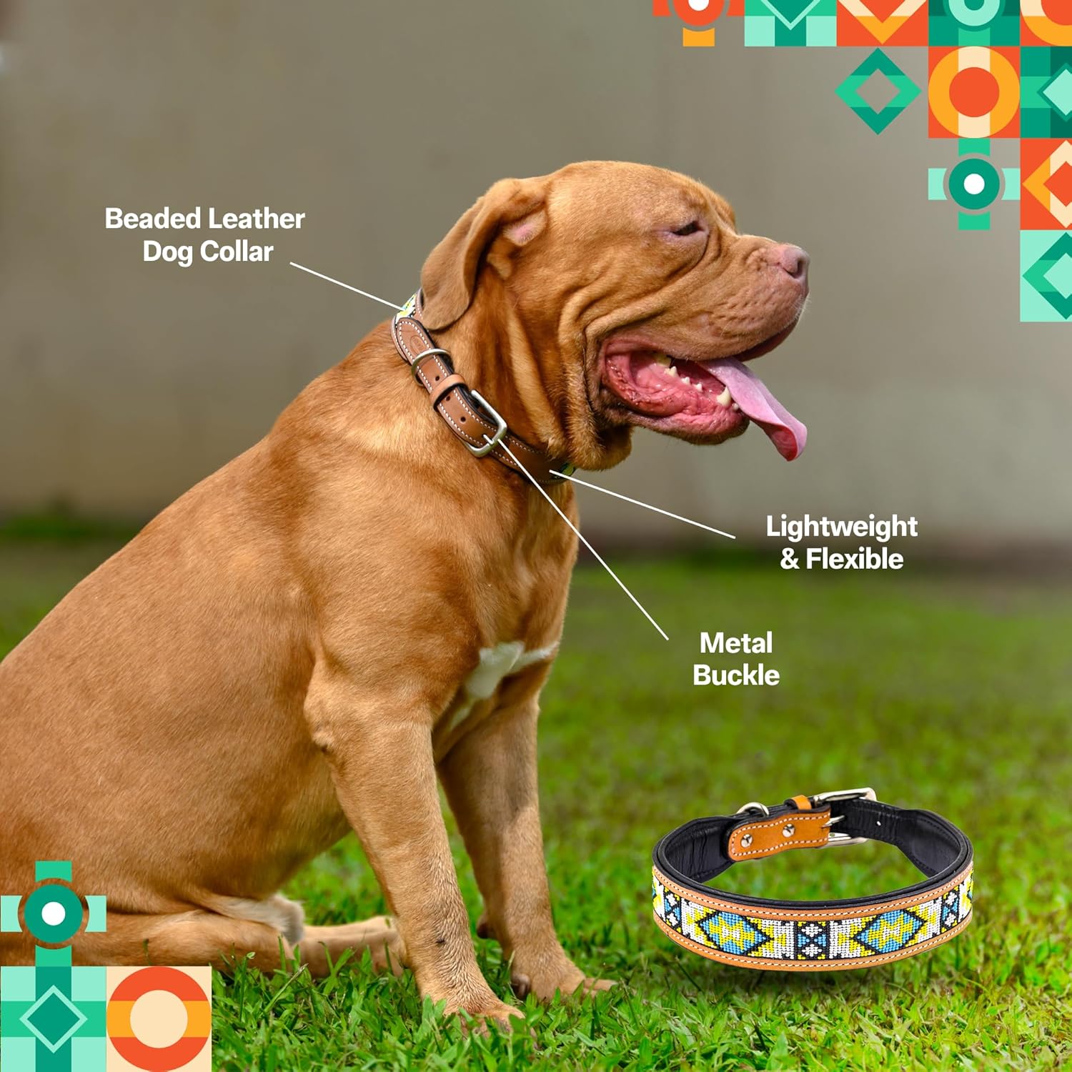 Adil’s Beaded Leather Dog Collar, Hand Tooled Adjustable with Strong Metal Buckle