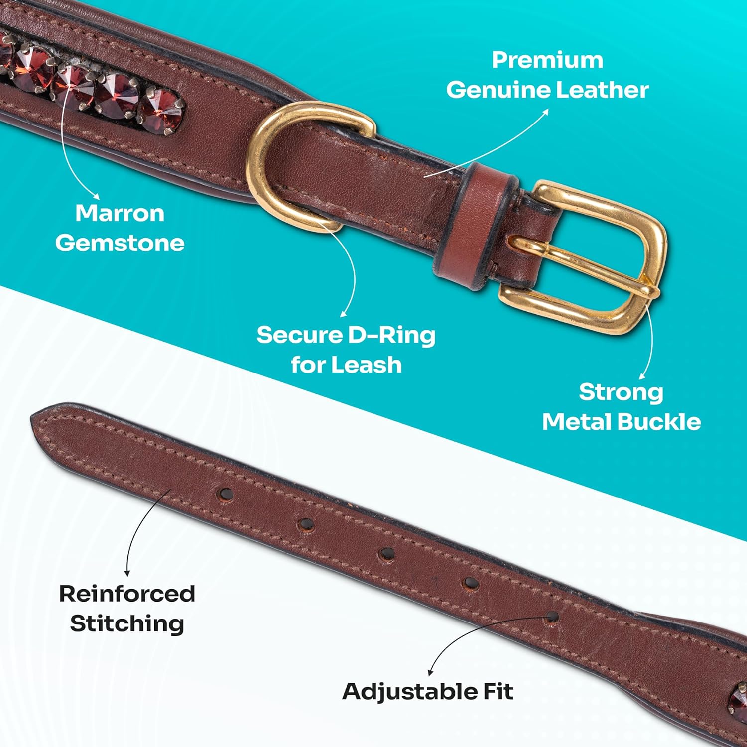 Adil’s Crystal Dog Collar, 1 inch Wide Green Gemstone Chain Leather Dog Collars for Small Medium Large Dogs, Adjustable Collars with Strong Metal Buckle & D-Ring