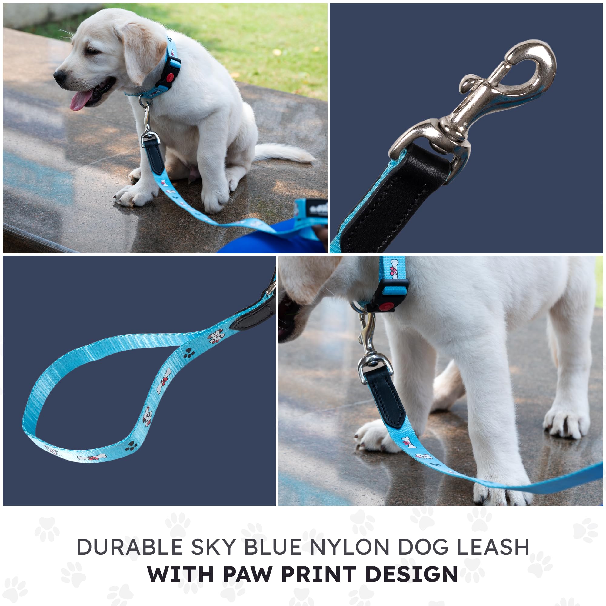 Adil’s Nylon Paw Print Dog Leash – 19mm Wide 5ft Long Durable Lead with 360° Swivel Hook Loop Handle Metal D-Ring Walking Training for Small Medium Pets