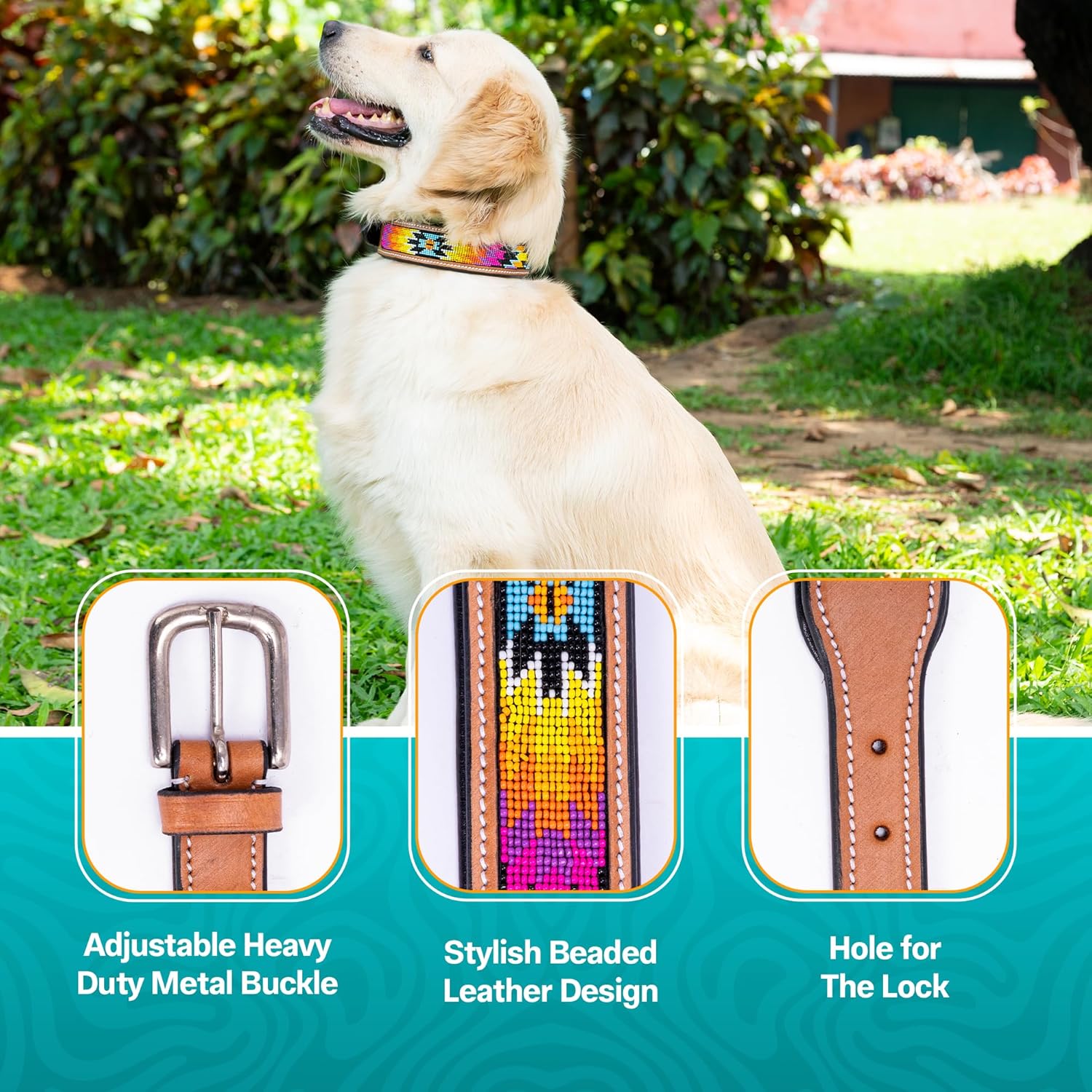 Adil’S Beaded Leather Dog Collar 1.5 Inch Width, Hand Tooled Adjustable Beaded Dog Collars with Strong Metal Buckle & D-Ring Suitable Dogs