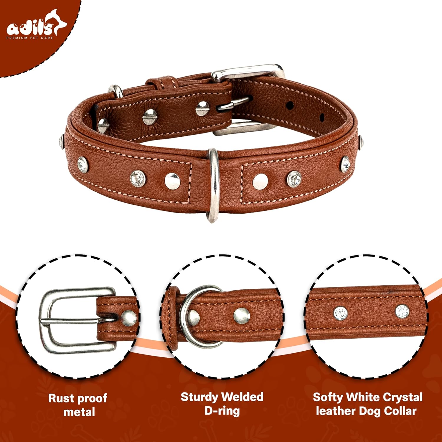Adil'S Studded Softy Leather Dog Collar 1inch Width Suitable for Small, Medium & Large Dogs with Strong Metal Buckle & D-Ring for leashes