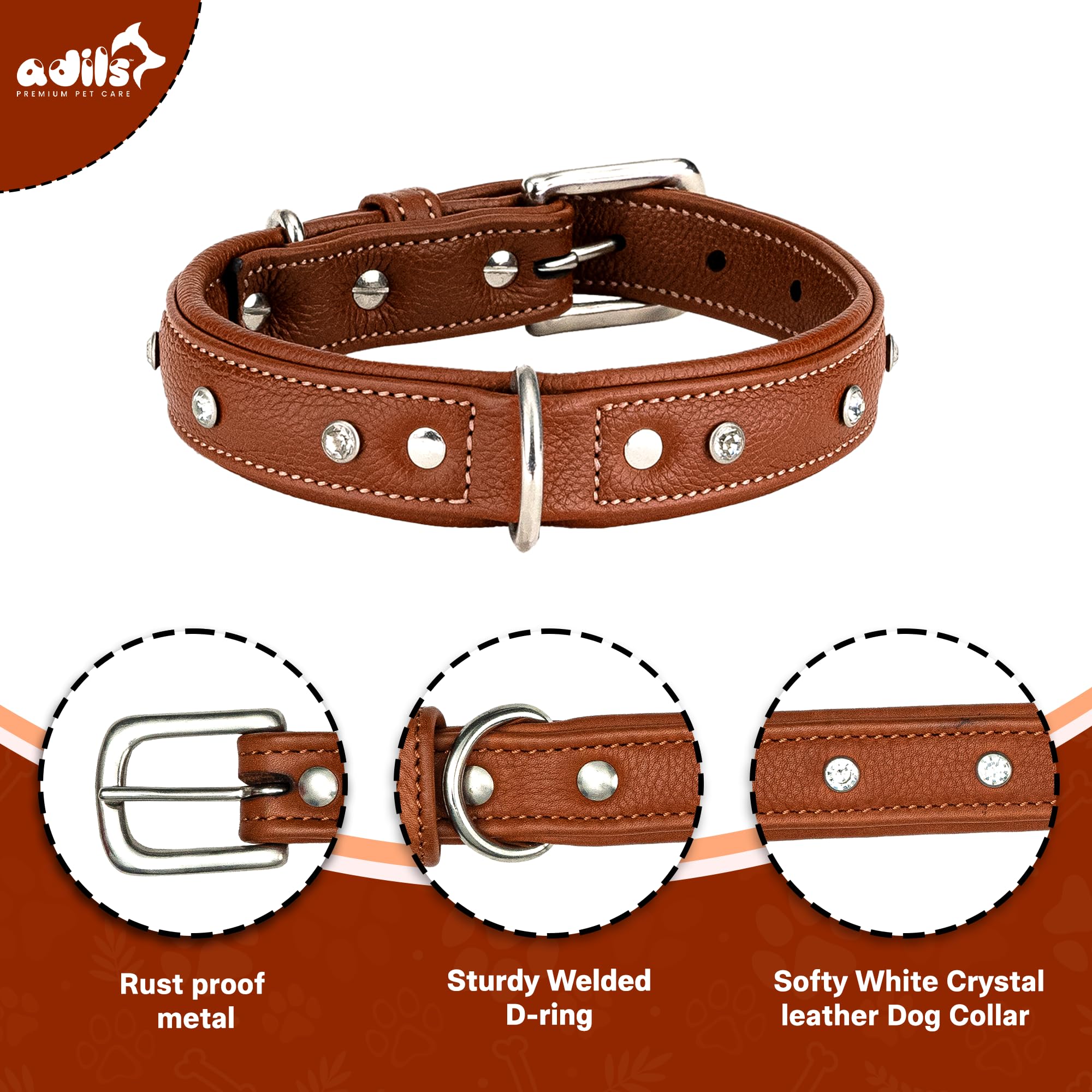 Adil’S Black Studded Softy Leather Dog Collar 1inch Width Suitable for Small, Medium & Large Dogs with Strong Metal Buckle & D-Ring for leashes, Size: S to XL, Brown (S, Black Stud)