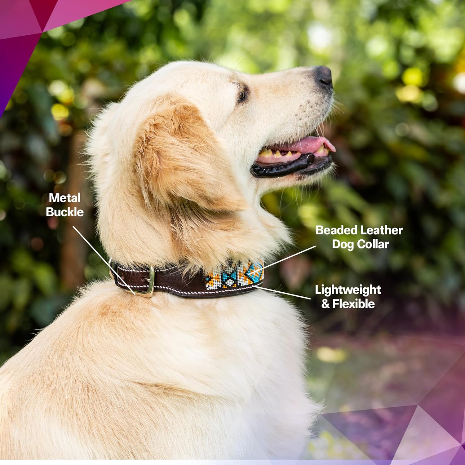 Adil’S Beaded Leather Dog Collar 1.5 Inch Width, for Small, Medium & Large Dogs, Hand Tooled Adjustable Beaded Dog Collars with Strong Metal Buckle & D-Ring