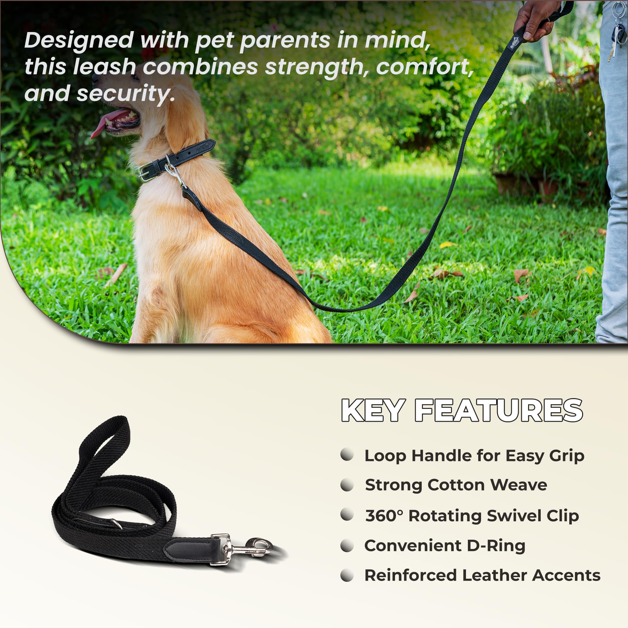 Adil’s 5FT Adjustable Cotton Dog Leash with Soft Leather Handle – Durable Long Lead with 360° Swivel Hook – Strong, Tangle-Free Leash for Walking & Training Small, Medium & Large Dogs