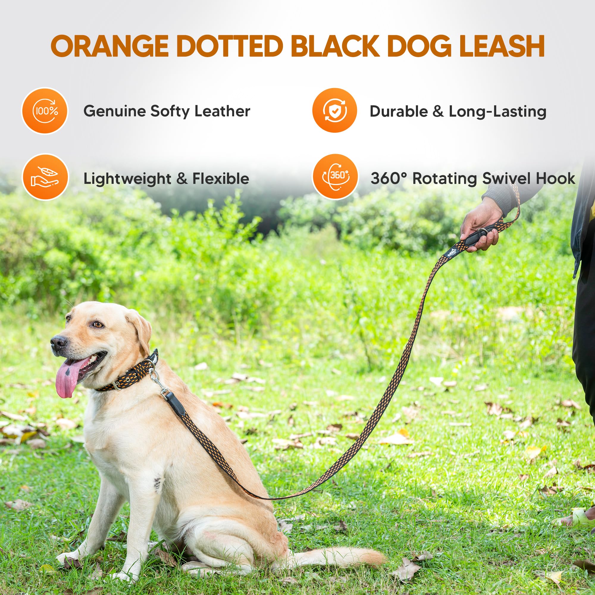 Adil’s 5ft Cotton Dotted Dog Leash with Leather Grip & 360° Swivel Hook – Durable, Comfy & Tangle-Free for All Dog Sizes