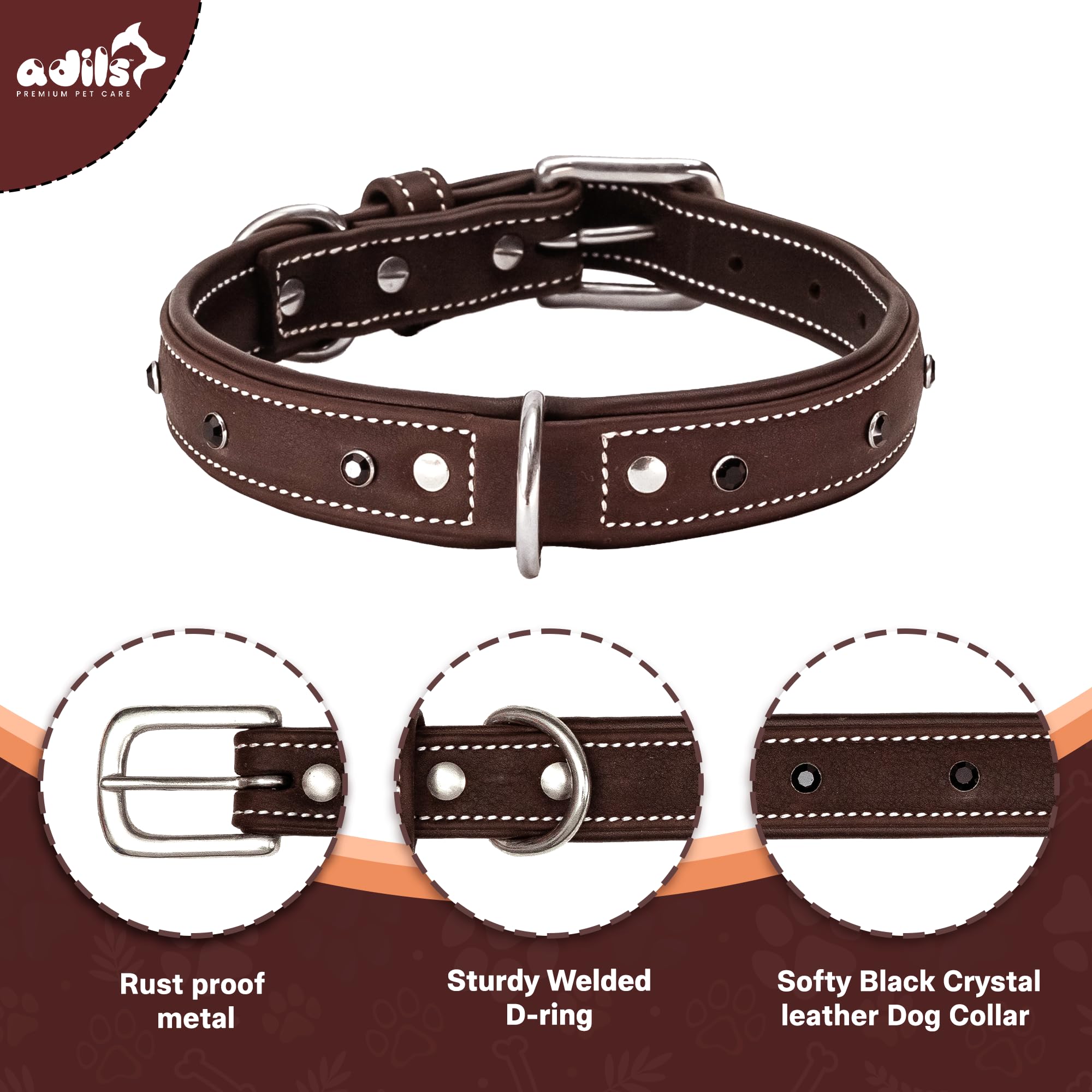 Adil’S Black Studded Softy Leather Dog Collar 1inch Width Suitable for Small, Medium & Large Dogs with Strong Metal Buckle & D-Ring for leashes, Size: S to XL, Brown (S, Black Stud)