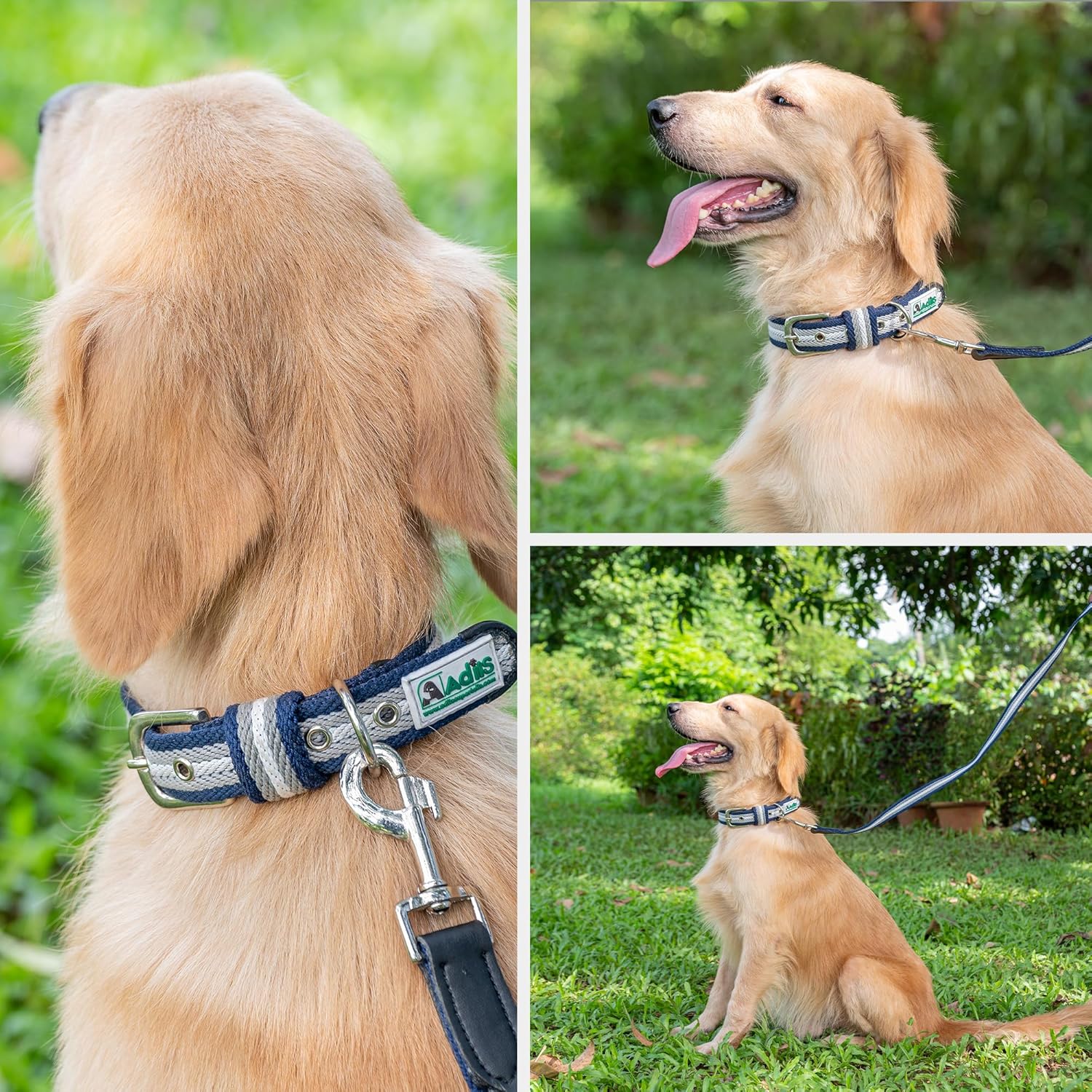 Adil’s Multi Color Cotton Dog Collar & Leash Combo Set | Durable High-Density Cotton with Metal Buckle, Adjustable Holes & 5 Ft Leash for Small, Medium & Large Dogs (Grey White Blue, XL)