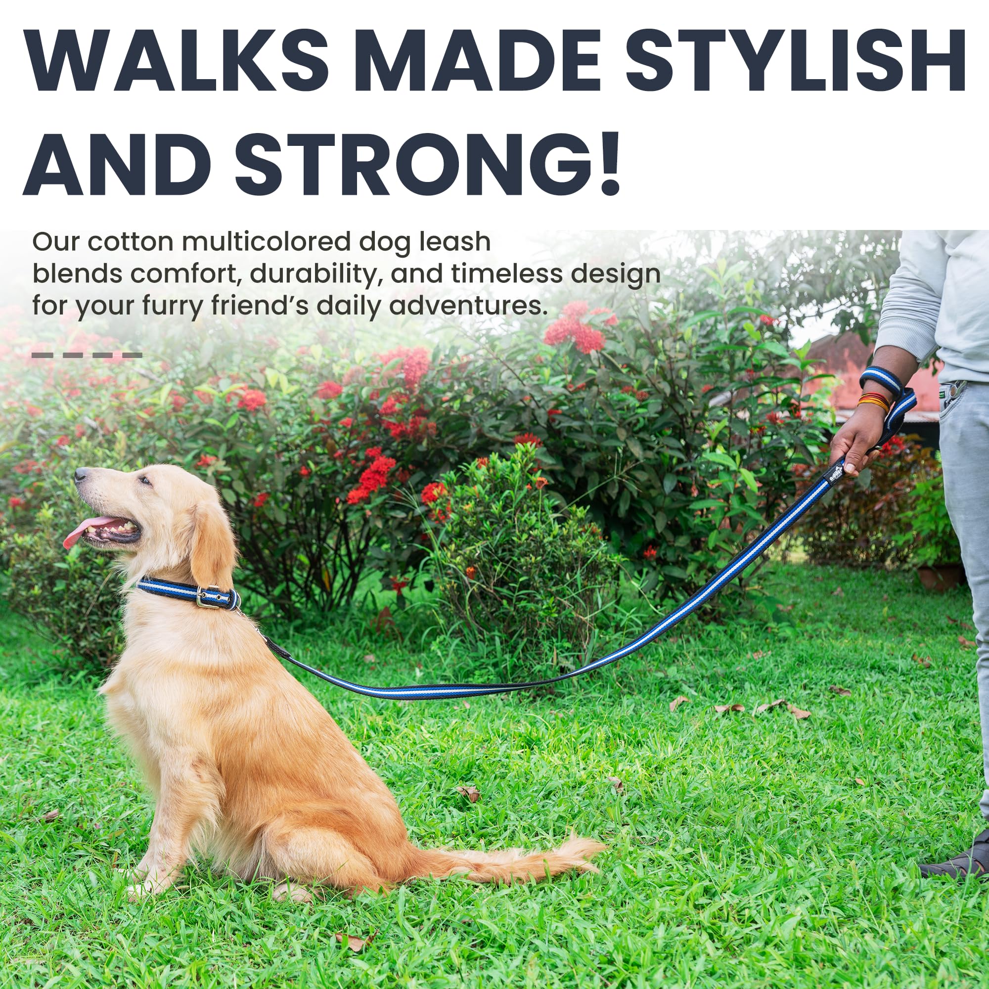 Adil’s Multi Color Cotton Dog Leash – Durable High-Density Cotton with Metal Clasp, 5 Ft Leash for Small, Medium & Large Dogs – Comfortable & Strong Pet Walking Leash