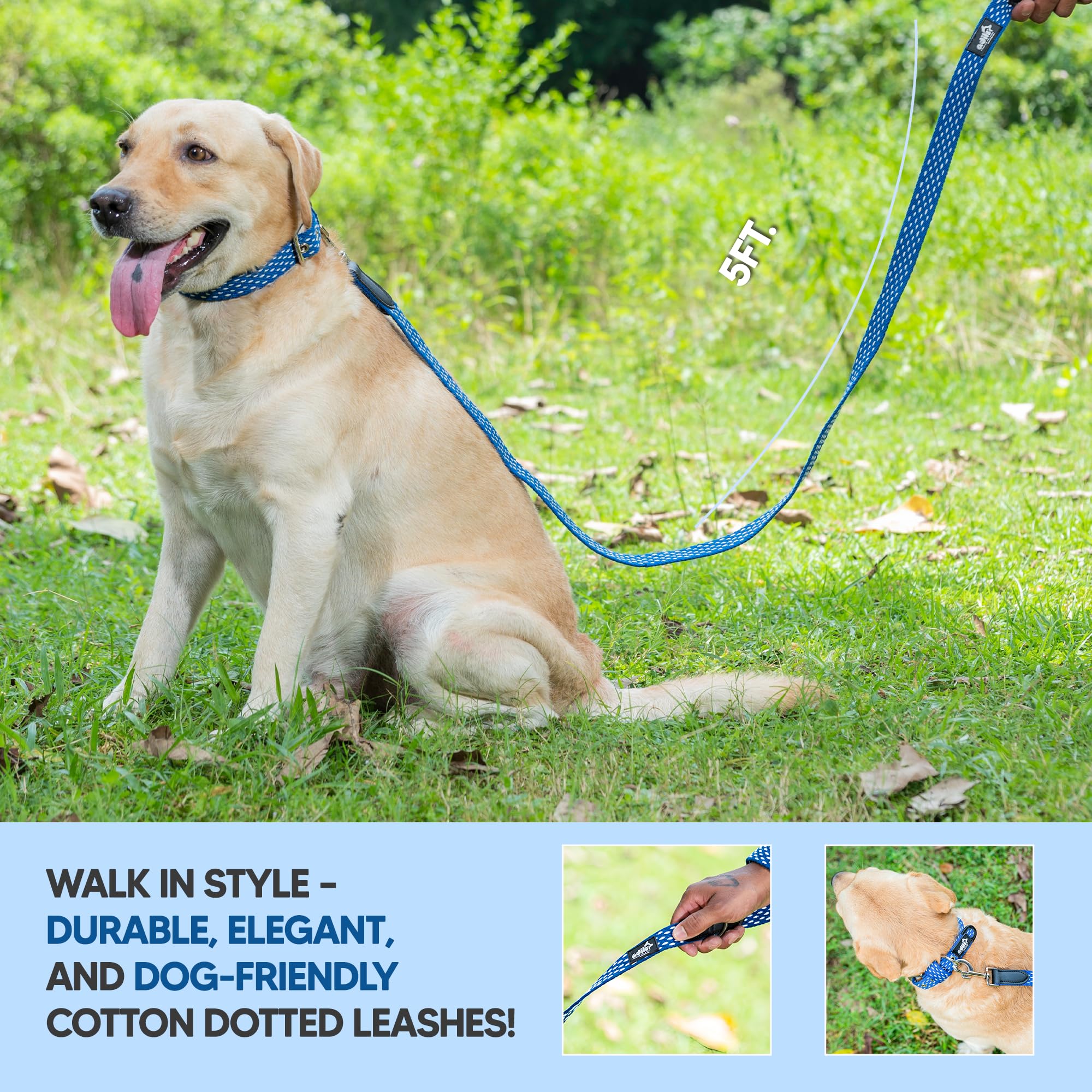Adil’s 5ft Cotton Dotted Dog Leash with Leather Grip & 360° Swivel Hook – Durable, Comfy & Tangle-Free for All Dog Sizes