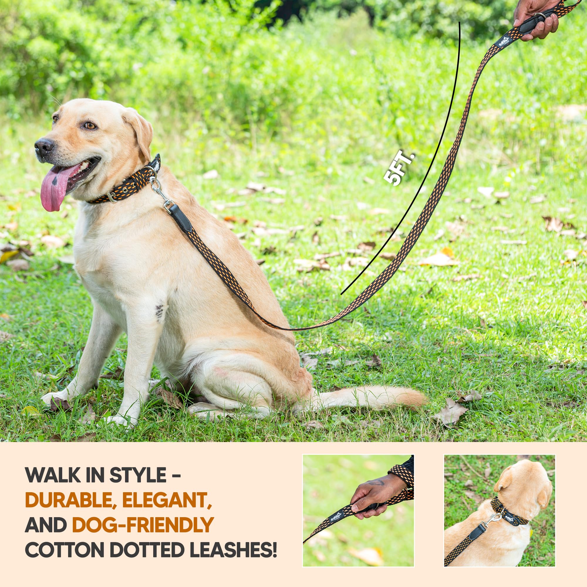 Adil’s 5ft Cotton Dotted Dog Leash with Leather Grip & 360° Swivel Hook – Durable, Comfy & Tangle-Free for All Dog Sizes