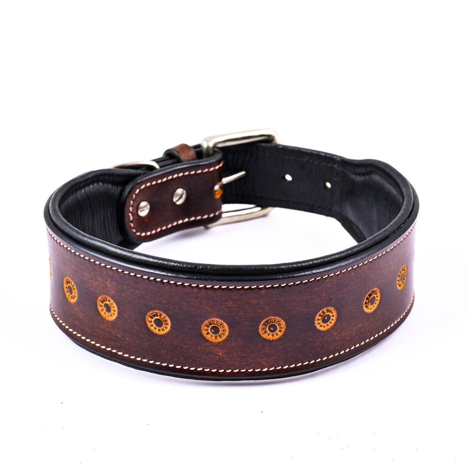 Handcrafted Leather Sun Tooled Dog Collar, Heavy Duty Dog Collar Dogs with Strong Metal Buckle & D-Ring