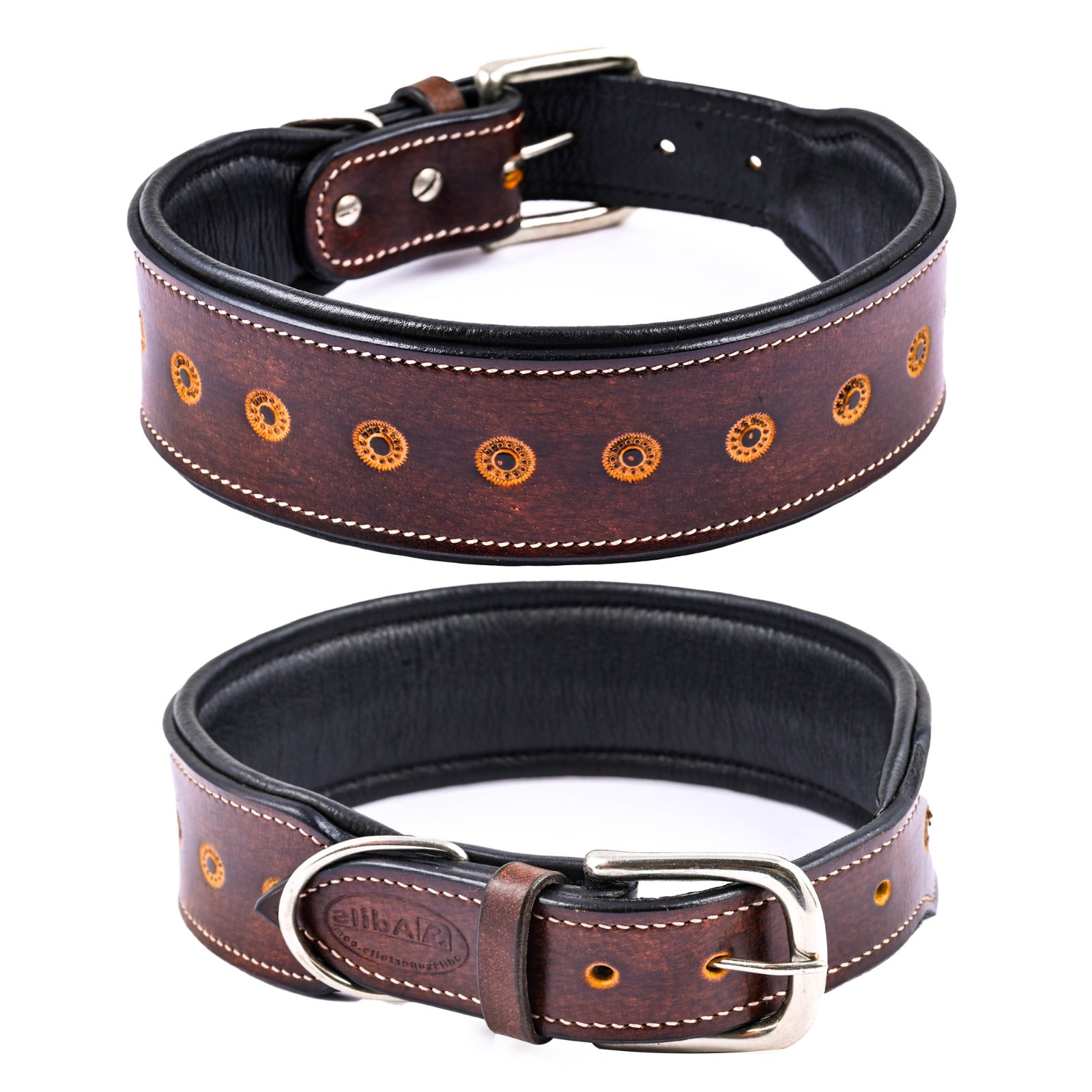 Handcrafted Leather Sun Tooled Dog Collar, Heavy Duty Dog Collar Dogs with Strong Metal Buckle & D-Ring