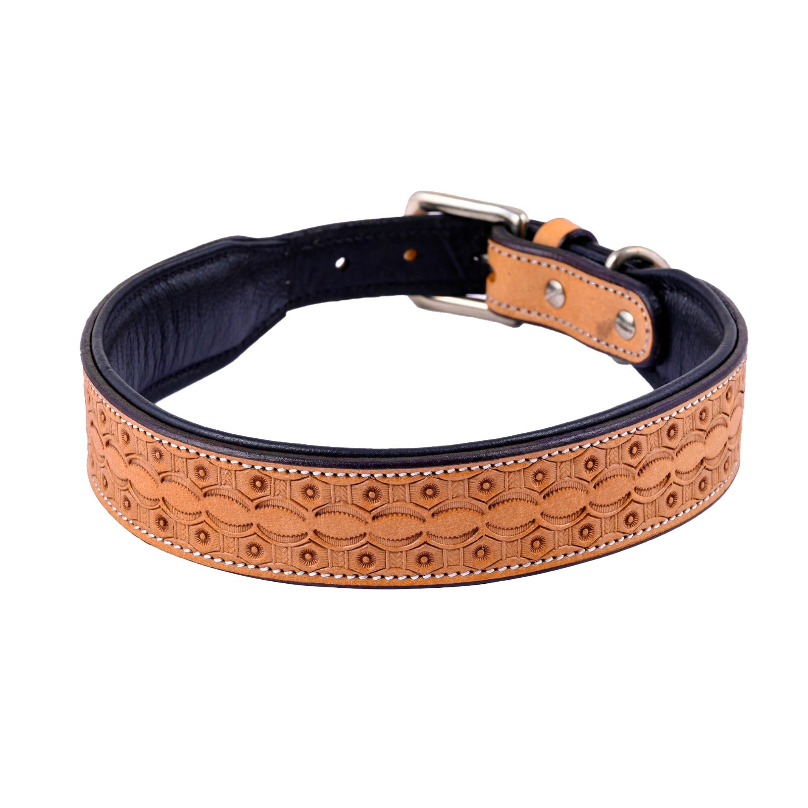 Handcrafted Leather Baket Tooling Dog Collar for All Breeds | Neck Belt with Adjustable Buckle