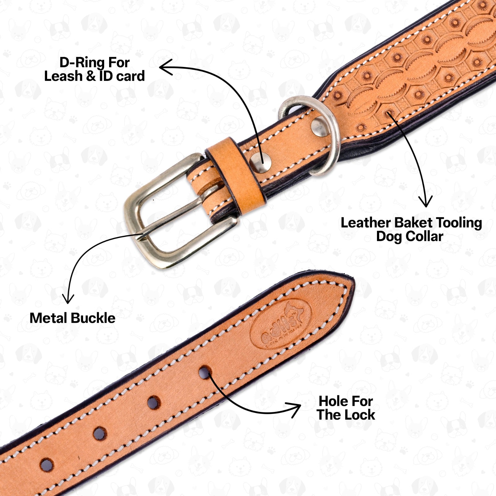 Handcrafted Leather Baket Tooling Dog Collar for All Breeds | Neck Belt with Adjustable Buckle