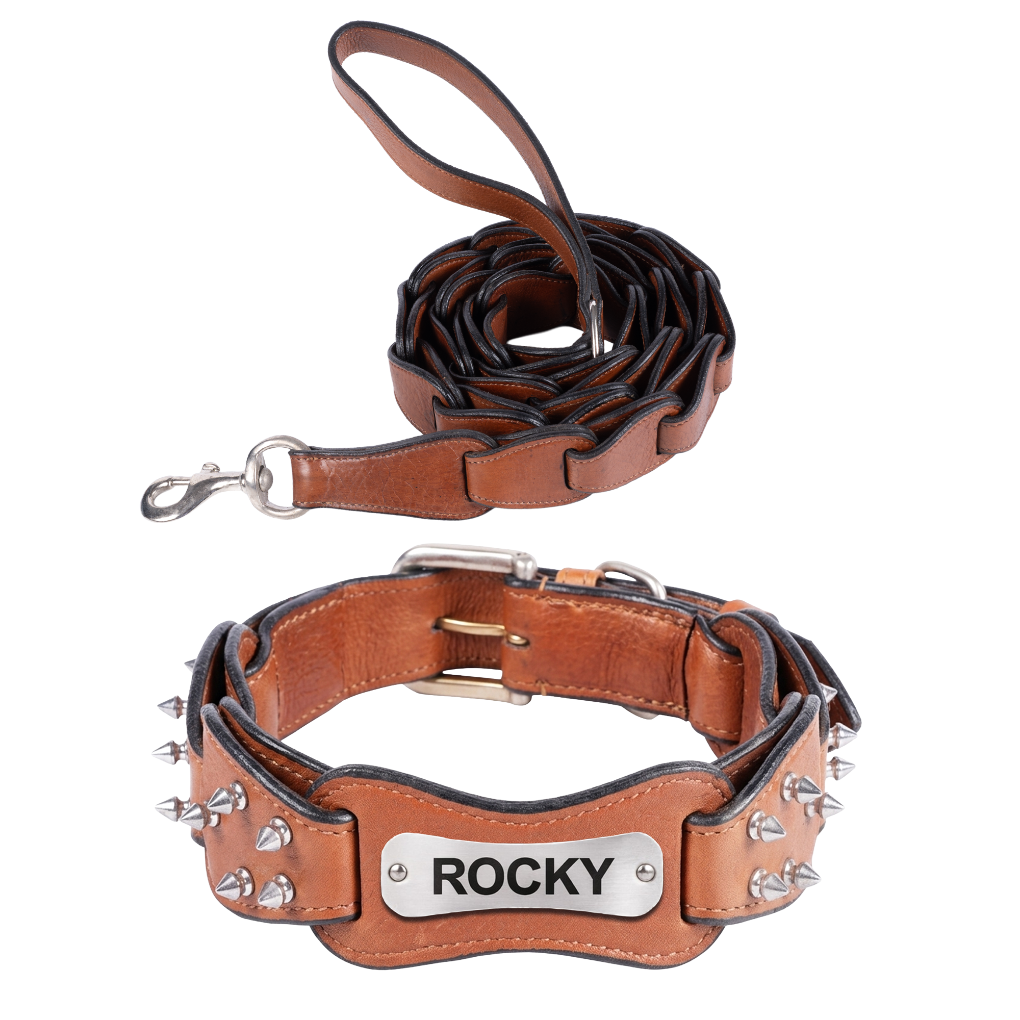 Adil’s Personalized Leather Loop Spike Dog Collar & Leash Combo Set 1.5" Wide Adjustable Neckbelt Metal Buckle D-Ring 5Ft Leather Heavy Duty Loop Cord with 360 Swivel Hook for Training Walking