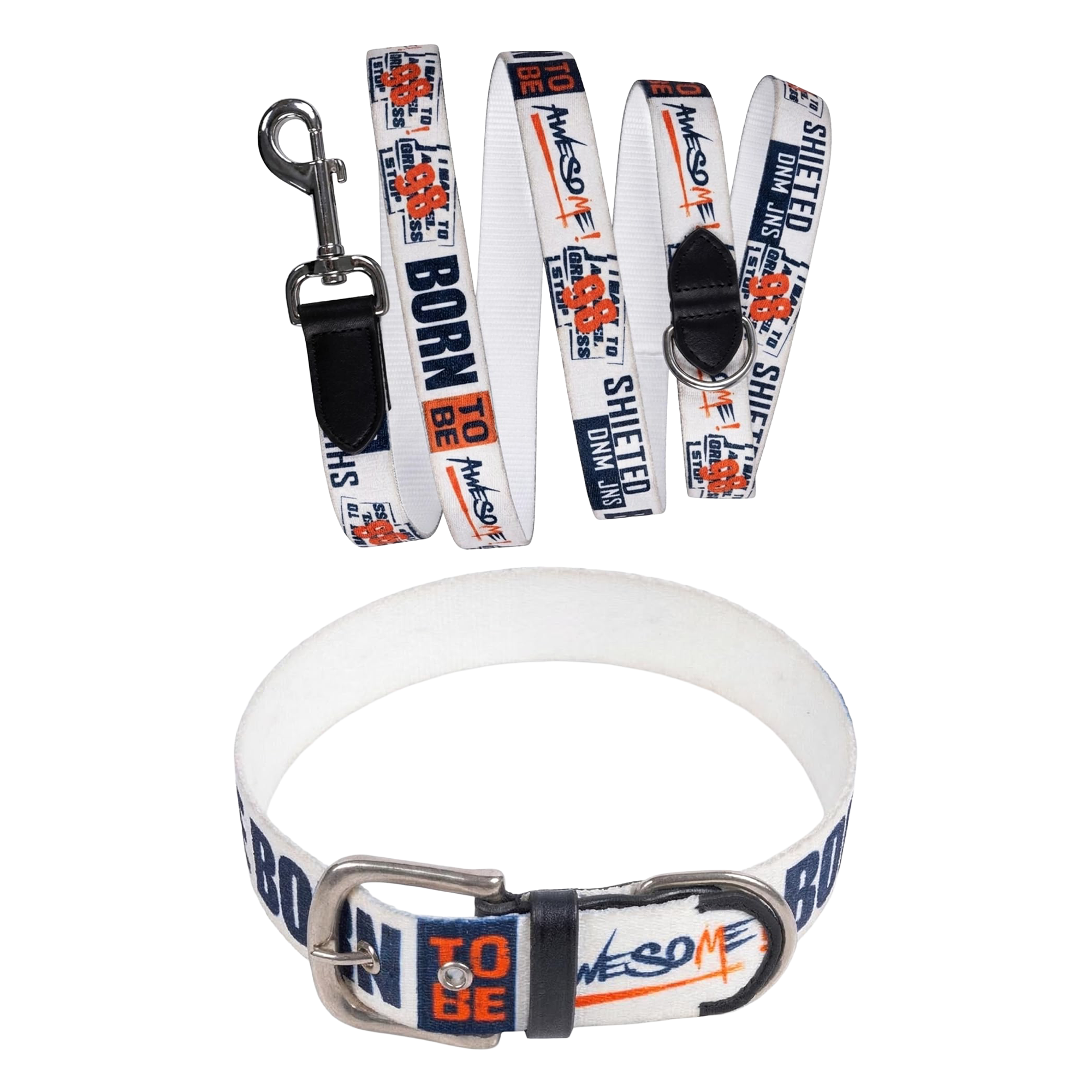 Adil’s Cotton Printed Dog Collar & Leash Combo Set – 1.5" Wide Adjustable Graffiti Collar Metal Buckle D-Ring, 5ft Cotton Leash 360° Swivel Hook Loop Handle for Small Medium Large Pets