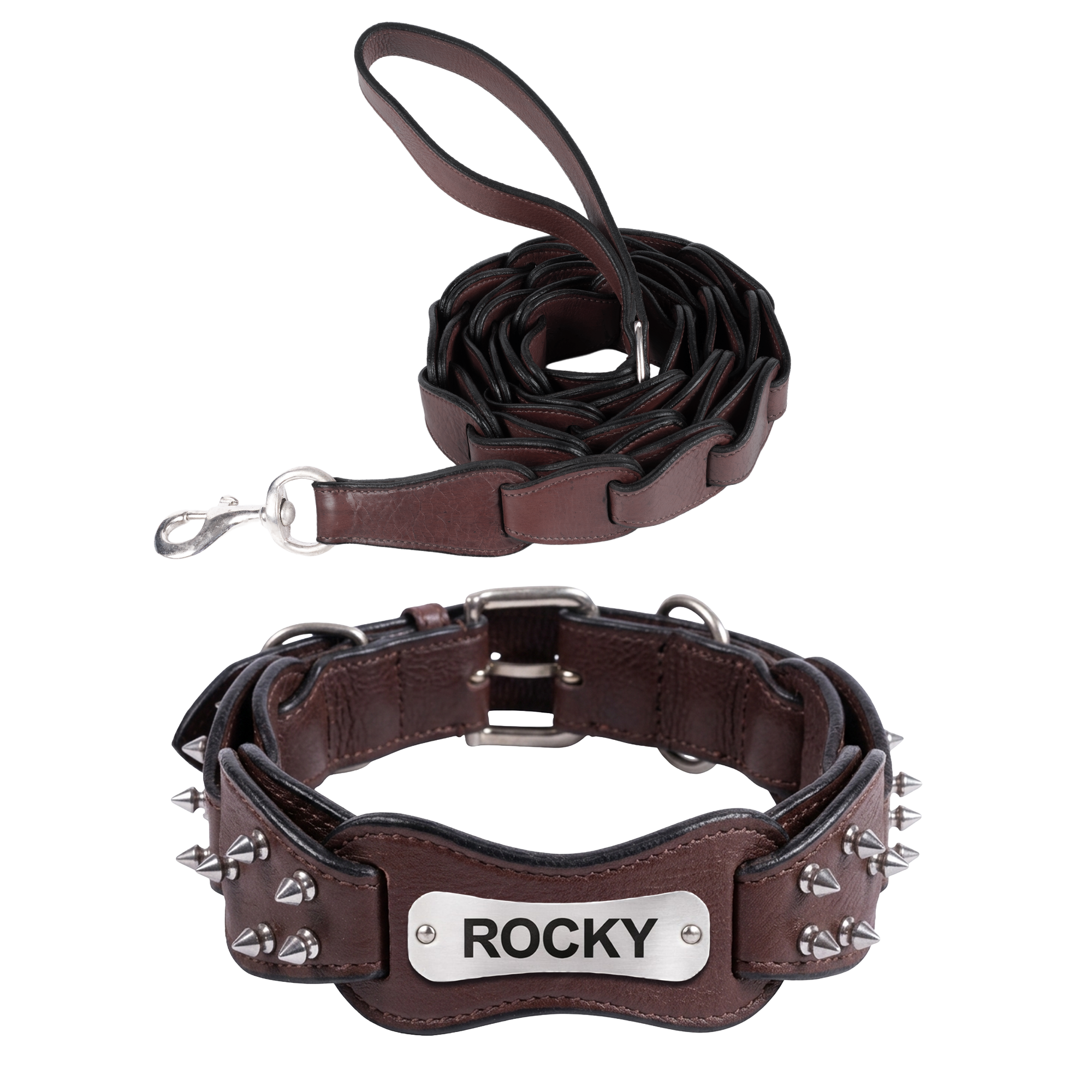 Adil’s Personalized Leather Loop Spike Dog Collar & Leash Combo Set 1.5" Wide Adjustable Neckbelt Metal Buckle D-Ring 5Ft Leather Heavy Duty Loop Cord with 360 Swivel Hook for Training Walking