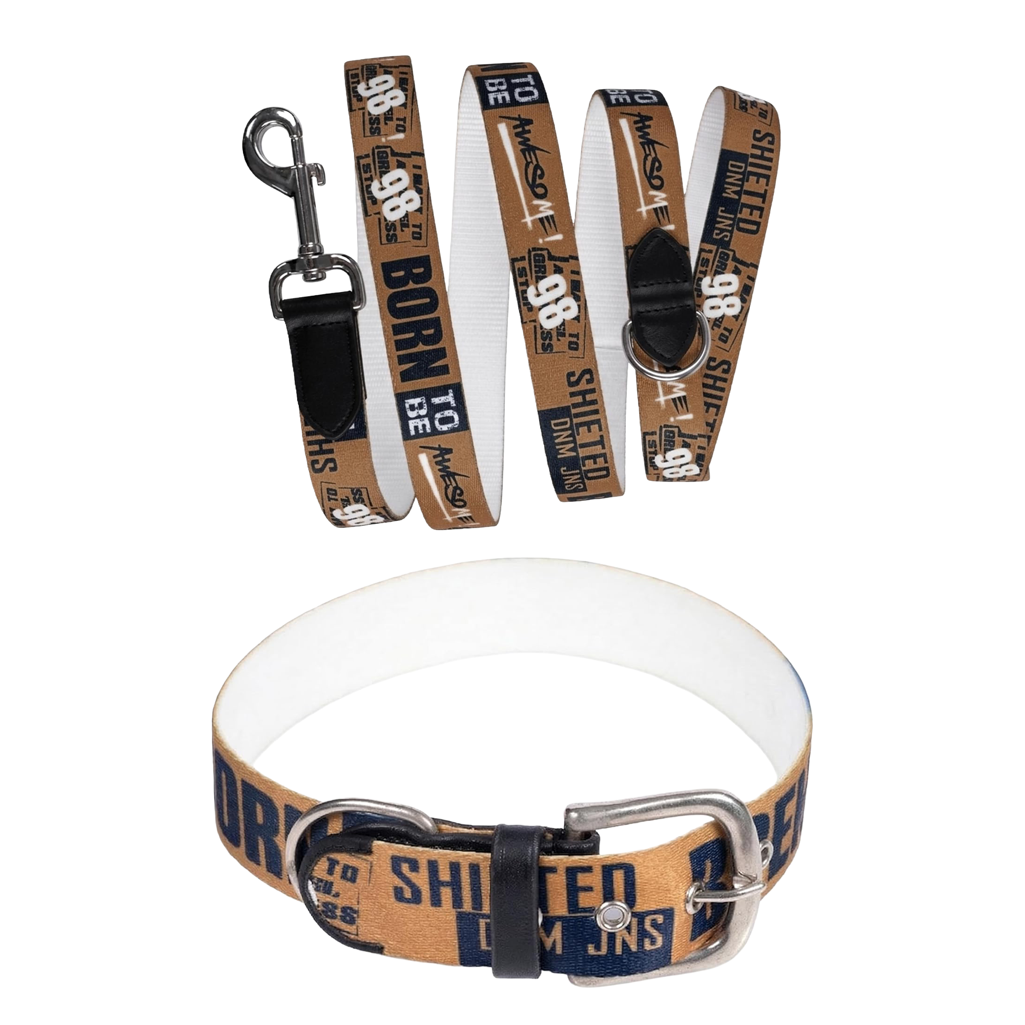 Adil’s Cotton Printed Dog Collar & Leash Combo Set – 1.5" Wide Adjustable Graffiti Collar Metal Buckle D-Ring, 5ft Cotton Leash 360° Swivel Hook Loop Handle for Small Medium Large Pets