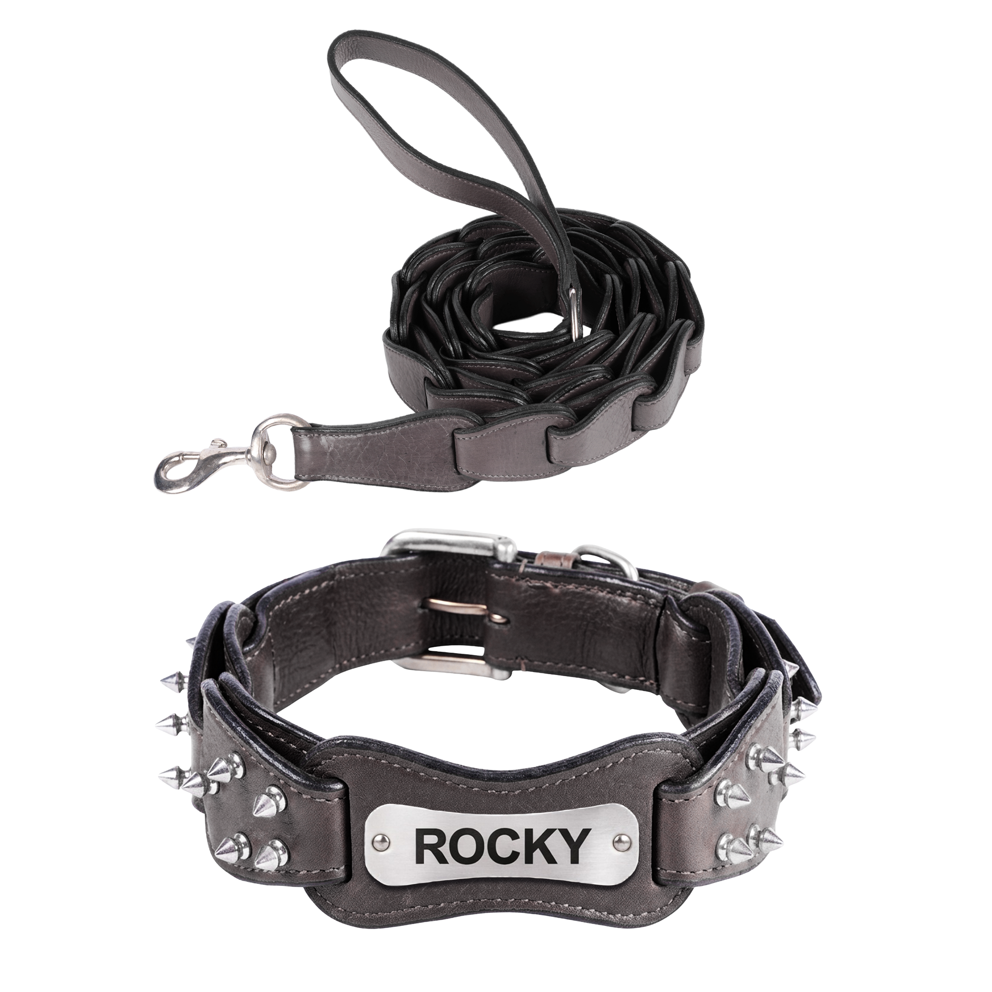 Adil’s Personalized Leather Loop Spike Dog Collar & Leash Combo Set 1.5" Wide Adjustable Neckbelt Metal Buckle D-Ring 5Ft Leather Heavy Duty Loop Cord with 360 Swivel Hook for Training Walking