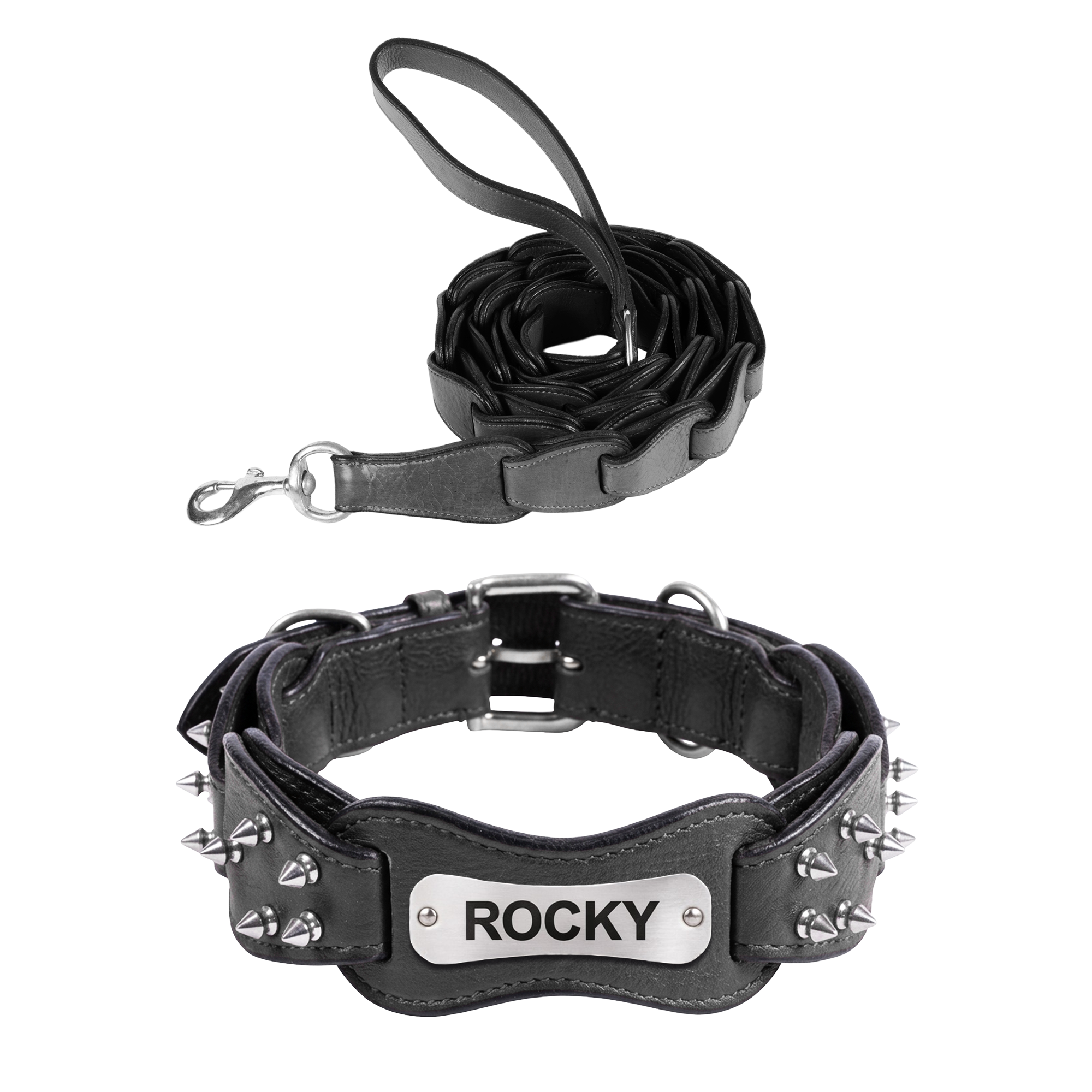 Adil’s Personalized Leather Loop Spike Dog Collar & Leash Combo Set 1.5" Wide Adjustable Neckbelt Metal Buckle D-Ring 5Ft Leather Heavy Duty Loop Cord with 360 Swivel Hook for Training Walking