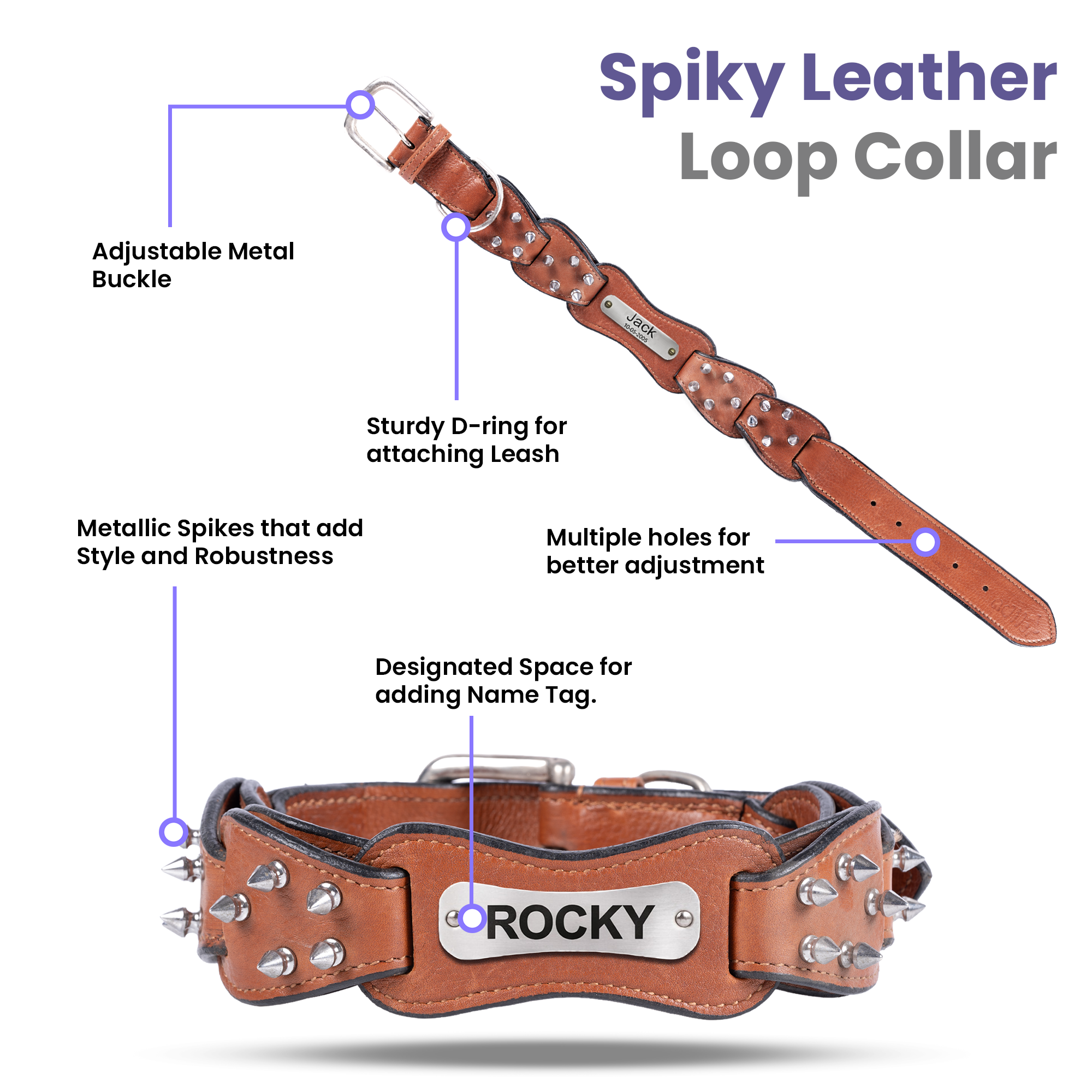 Adil’s Personalized Leather Loop Spike Dog Collar & Leash Combo Set 1.5" Wide Adjustable Neckbelt Metal Buckle D-Ring 5Ft Leather Heavy Duty Loop Cord with 360 Swivel Hook for Training Walking