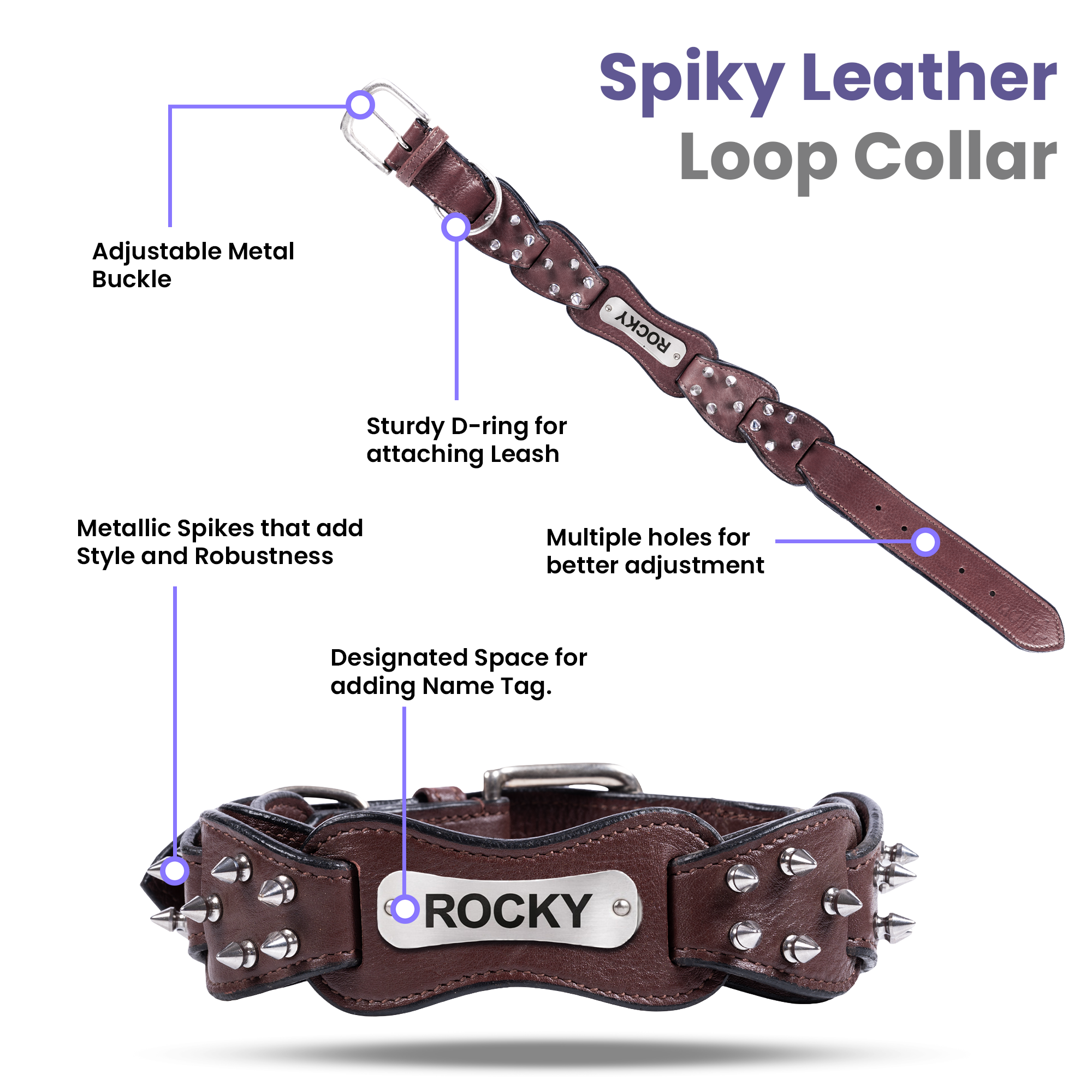 Adil’s Personalized Leather Loop Spike Dog Collar & Leash Combo Set 1.5" Wide Adjustable Neckbelt Metal Buckle D-Ring 5Ft Leather Heavy Duty Loop Cord with 360 Swivel Hook for Training Walking