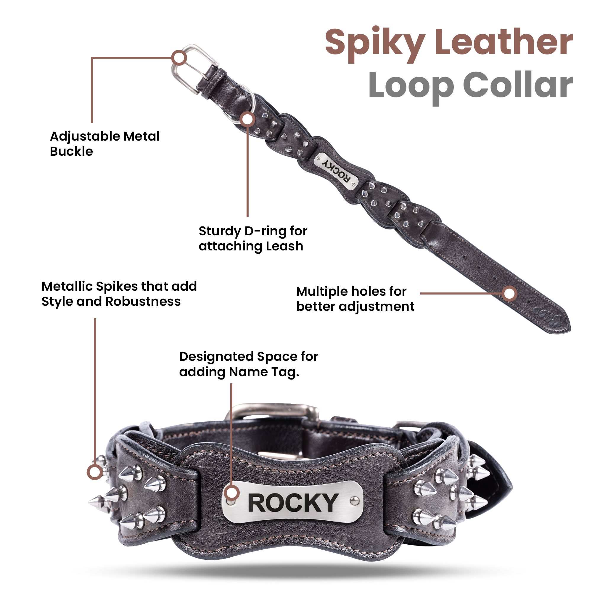 Adil’s Personalized Leather Loop Spike Dog Collar & Leash Combo Set 1.5" Wide Adjustable Neckbelt Metal Buckle D-Ring 5Ft Leather Heavy Duty Loop Cord with 360 Swivel Hook for Training Walking