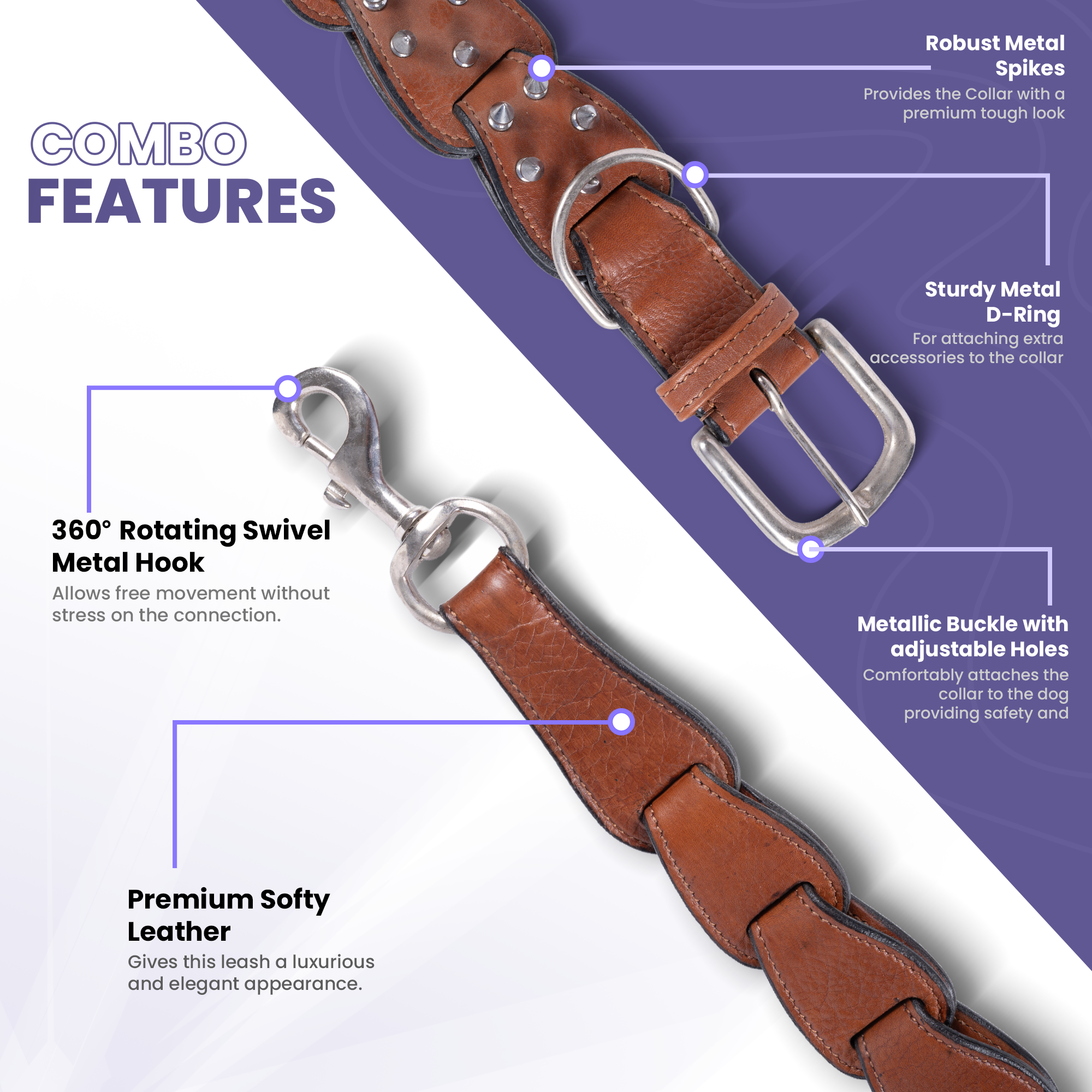 Adil’s Personalized Leather Loop Spike Dog Collar & Leash Combo Set 1.5" Wide Adjustable Neckbelt Metal Buckle D-Ring 5Ft Leather Heavy Duty Loop Cord with 360 Swivel Hook for Training Walking